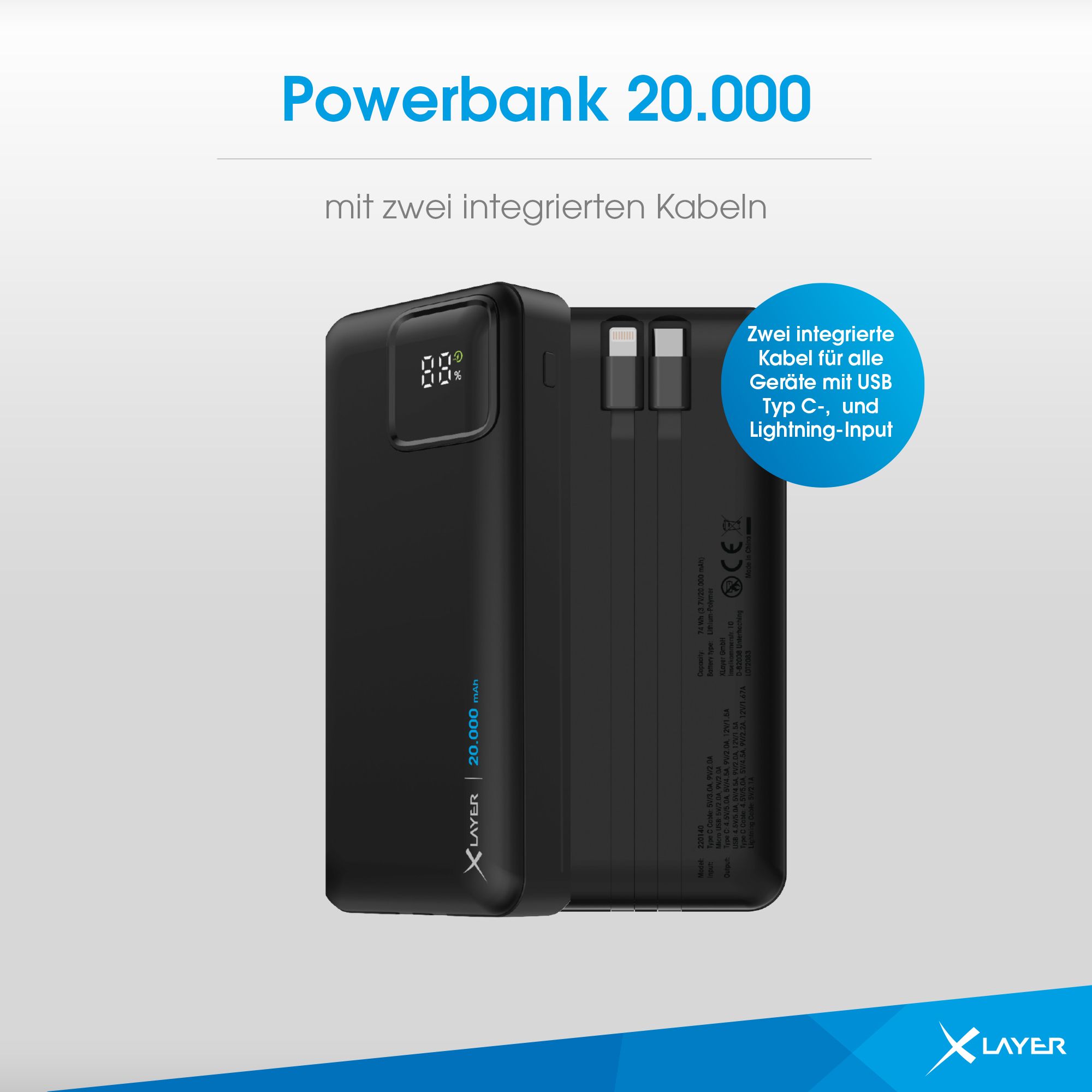 XLayer 20.000 mAh Powerbank mit 2 Kabel