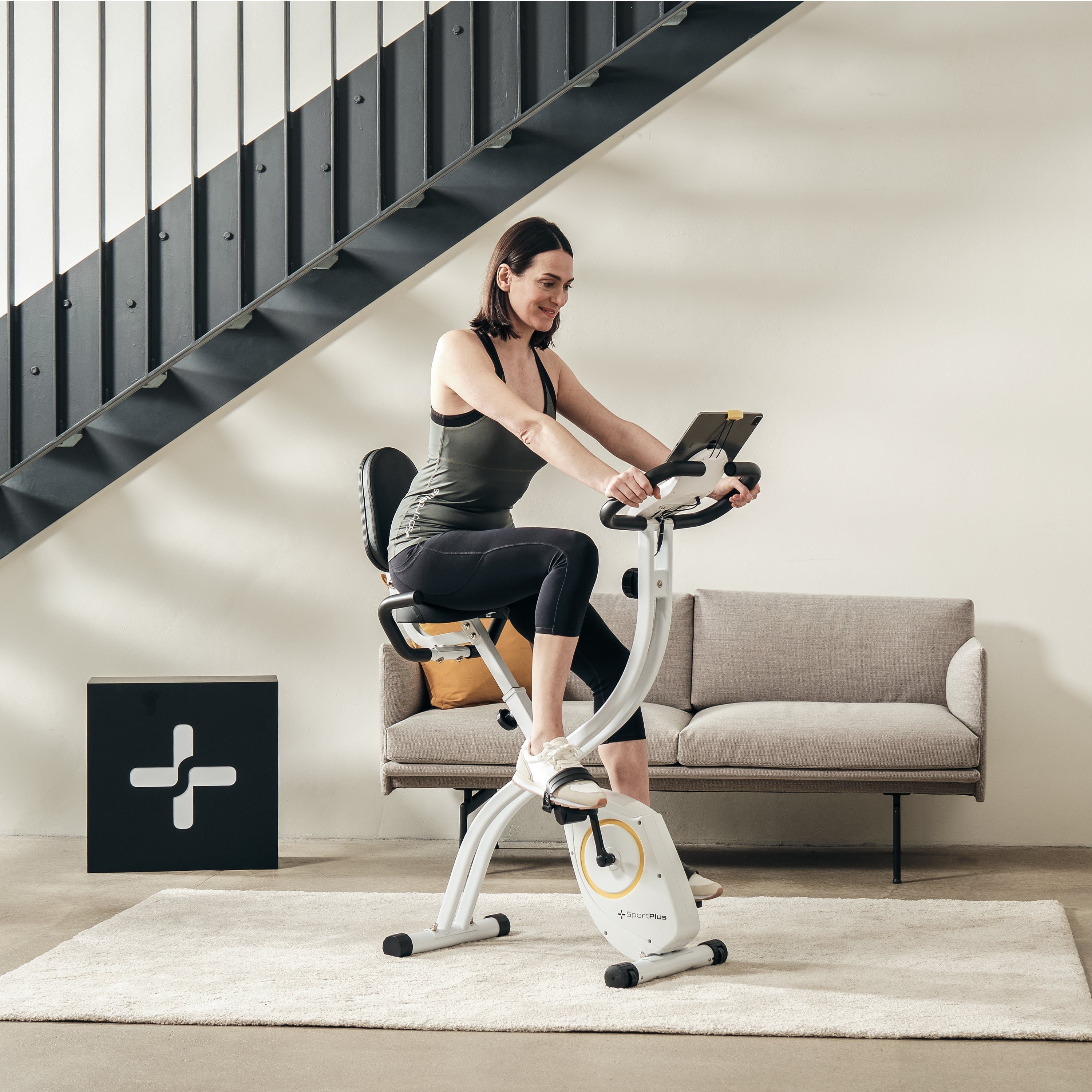 SportPlus Heimtrainer SP-HT-1300-W-iE, Heimtrainer, X-Bike, klappbar für Zuhause, Rückenlehne, 8 Stufen