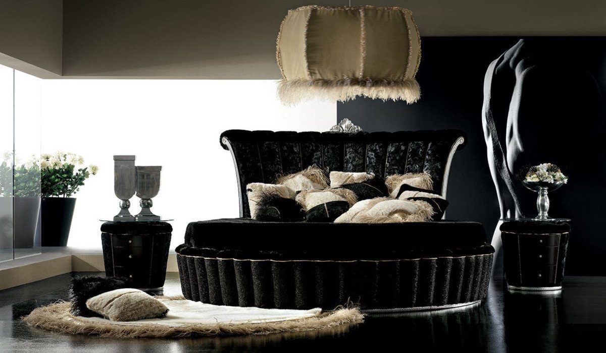 Casa Padrino Rundbett Rundbett Schwarz / Silber - Rundes Bett mit Matratze - Prunkvolle Schlafzimmer & Hotel Möbel - Erstklassische Qualität - Made in Italy