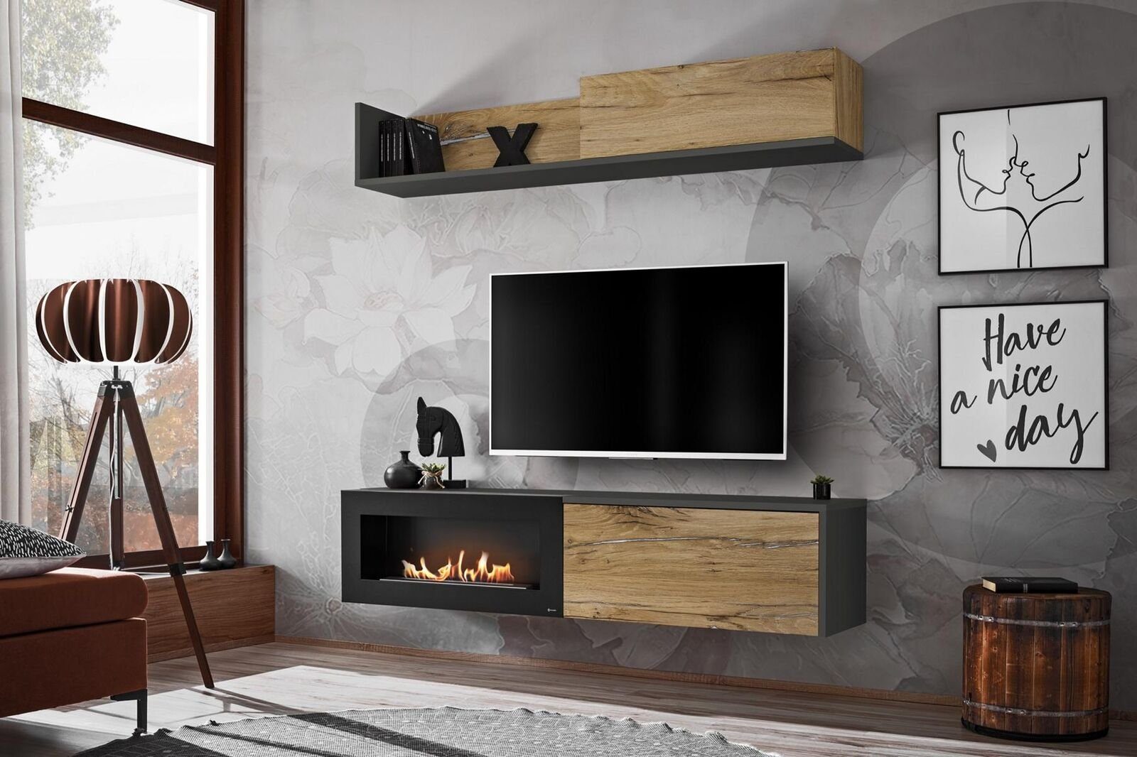 JVmoebel Wohnwand tv Möbel Regal TV Ständer mit KaminModern Holz Braun, Made in Europa