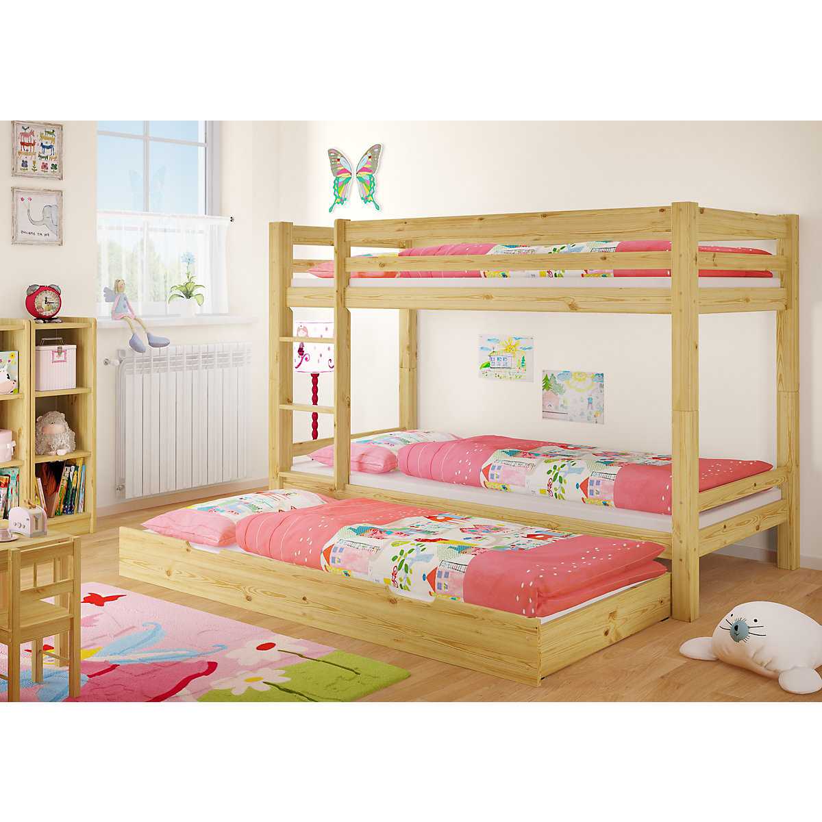 Etagenbett 90x200 Kiefer massiv + Rollrost + Gästebettkasten