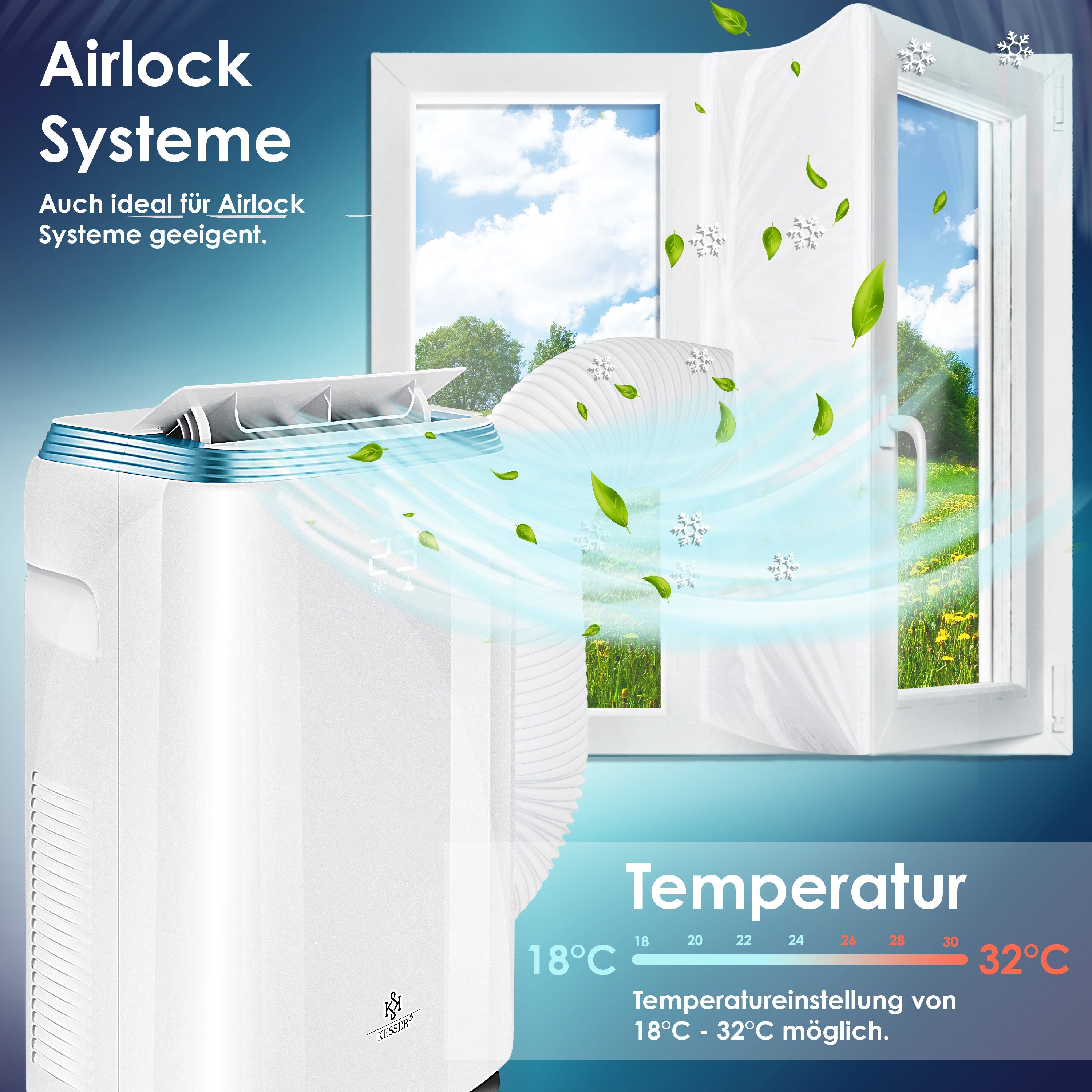 KESSER Klimagerät, Klimaanlage mit Touch-Display - 4 Mod - Timer und Nachtmodus