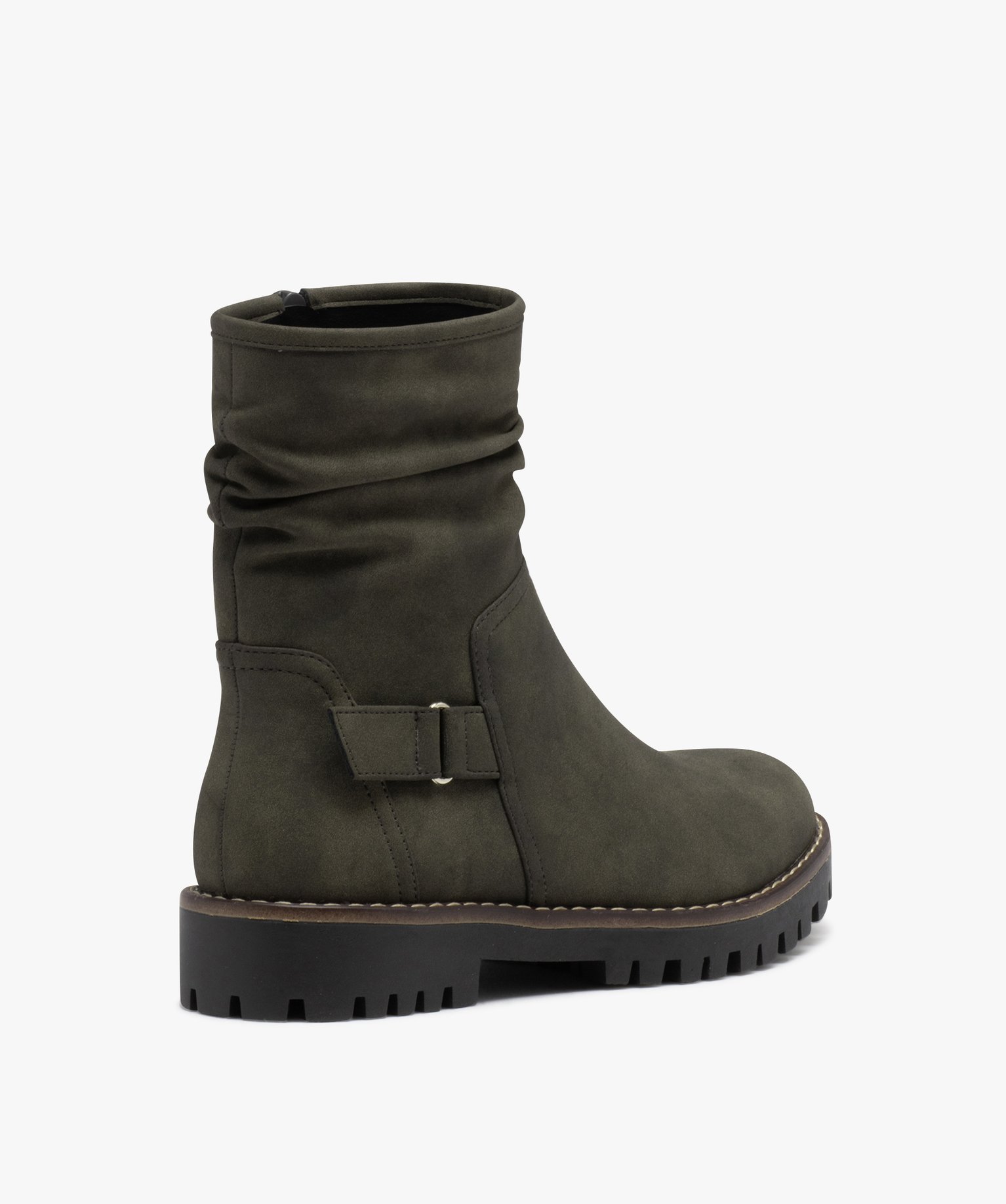Boots femme à talon plat dessus uni avec col plissé kaki | GEMO
