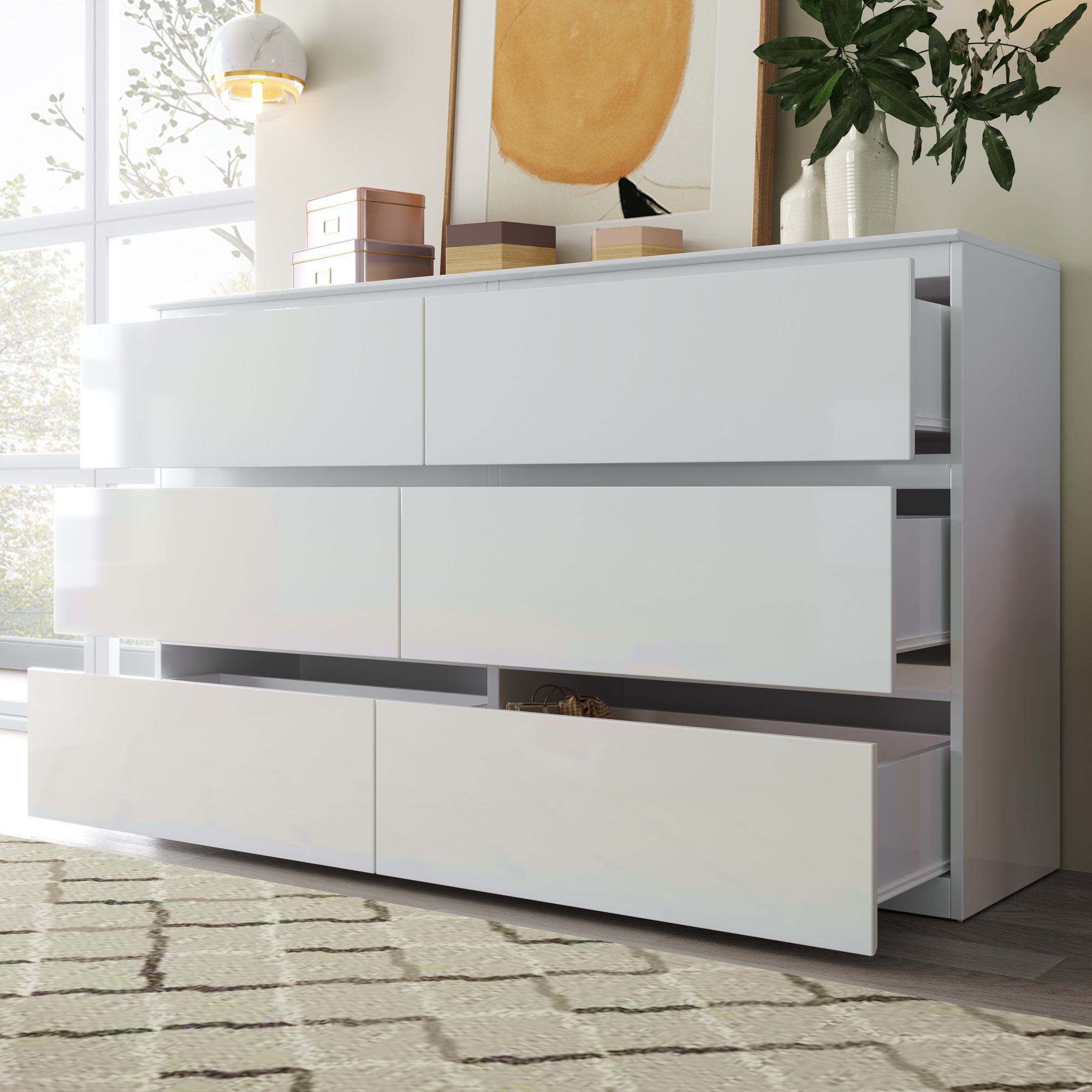 OKWISH Sideboard Schubladenkommode (Kommode mit 6 Schubladen 130CM, Weiß -B130/T40 /H88cm), Highboard Weiss Sideboard für Schlafzimmer & alle Wohnräume