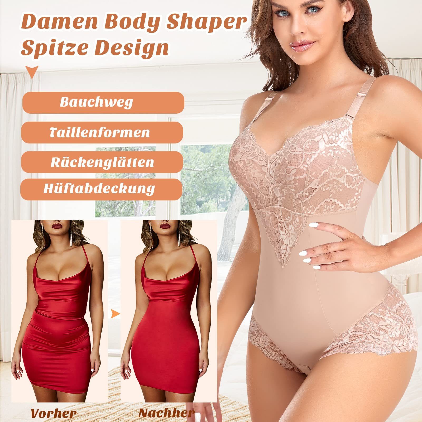 Sarfly Taillenshaper Shapewear Damen Bauchweg Body Shaper Miederslip Shaping Bodysuits Leicht Figurformende Unterwäsche U-Ausschnitt