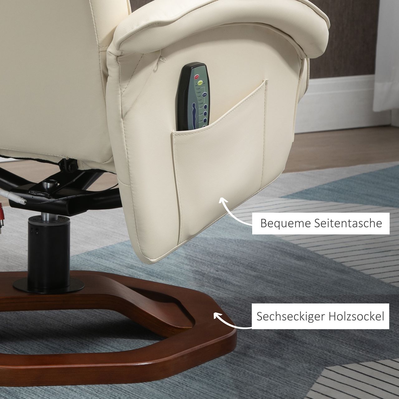 HOMCOM Massagesessel Relaxliege mit Fußhocker Relaxsessel Liegefunktion Fernsehsessel Liegesessel mit Massagefunktion 360° drehbar Kunstleder Stahl Cremeweiß Braun 73 x 83 x 106 cm