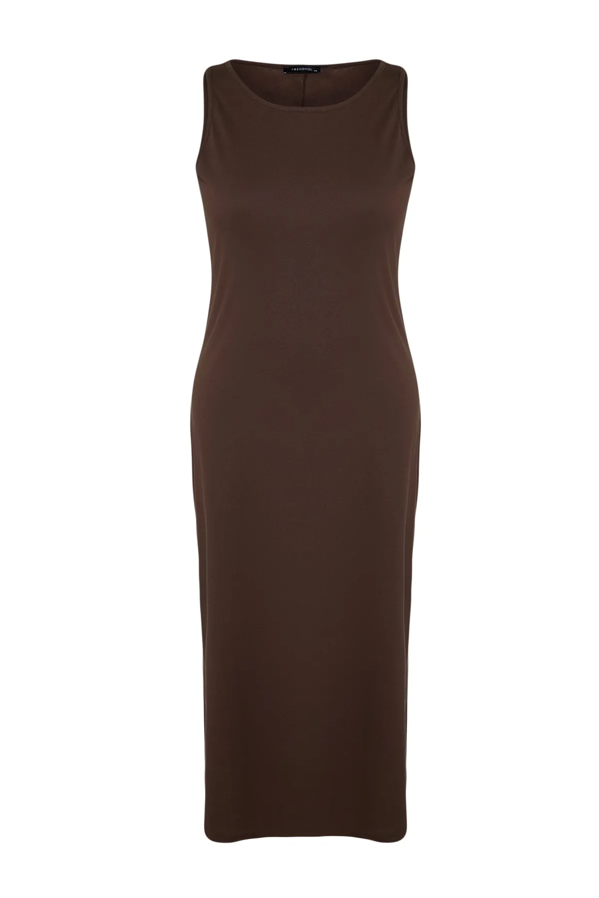 Trendyol Curve  Dunkelbraunes Shift-Strickkleid mit Rundhalsausschnitt und Schlitz TBBSS22AH0162