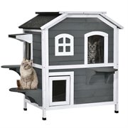 PawHut Katzenhaus Outdoor Katzenhütte 3 Treppen 2-Etagen Katzenvilla Asphaltdach