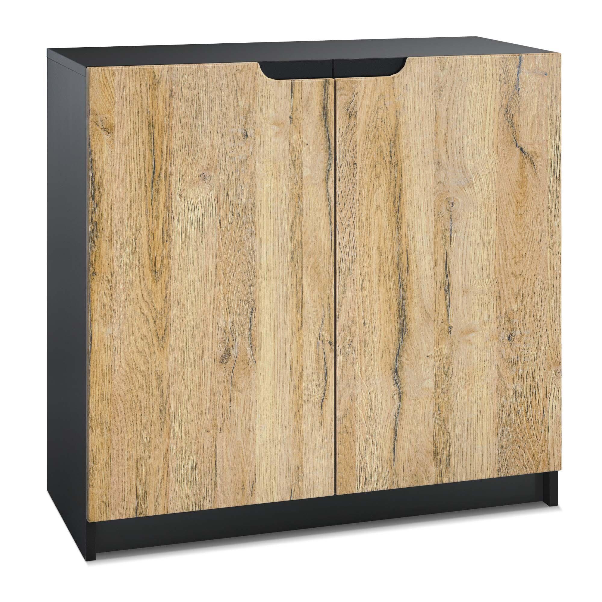 Vladon Kommode Logan (Kommode, mit 2 Türen), Schwarz matt/Eiche Natur (82 x 78 x 37 cm)