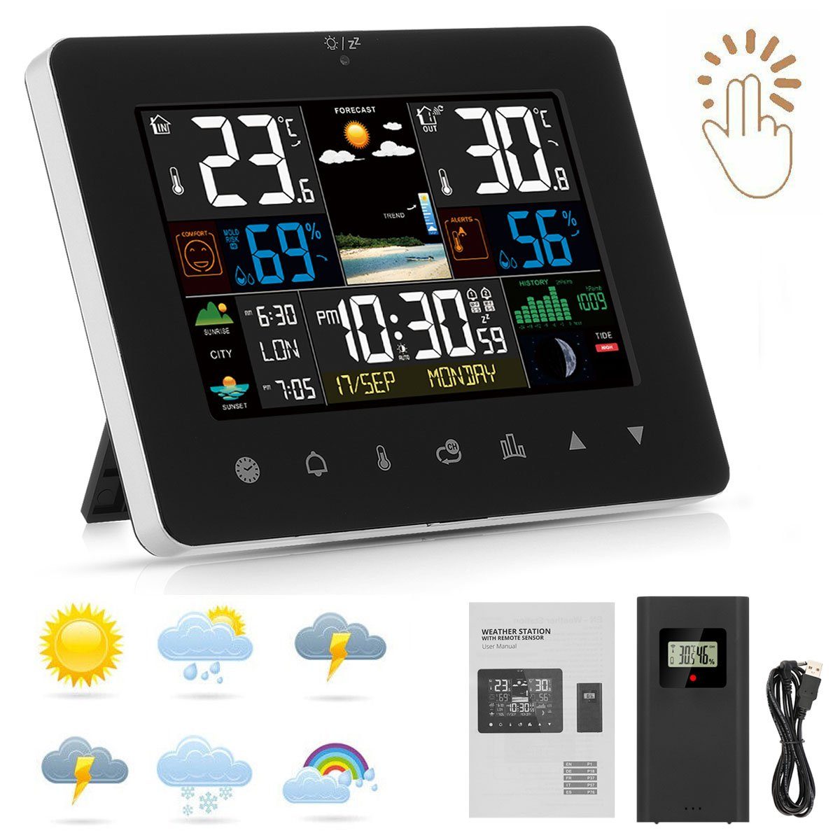 oyajia LED Wetterstation mit Funk-Außensensor, mit Kalender Wetterstation (Kalender Thermometer Hygrometer Farbdisplay)