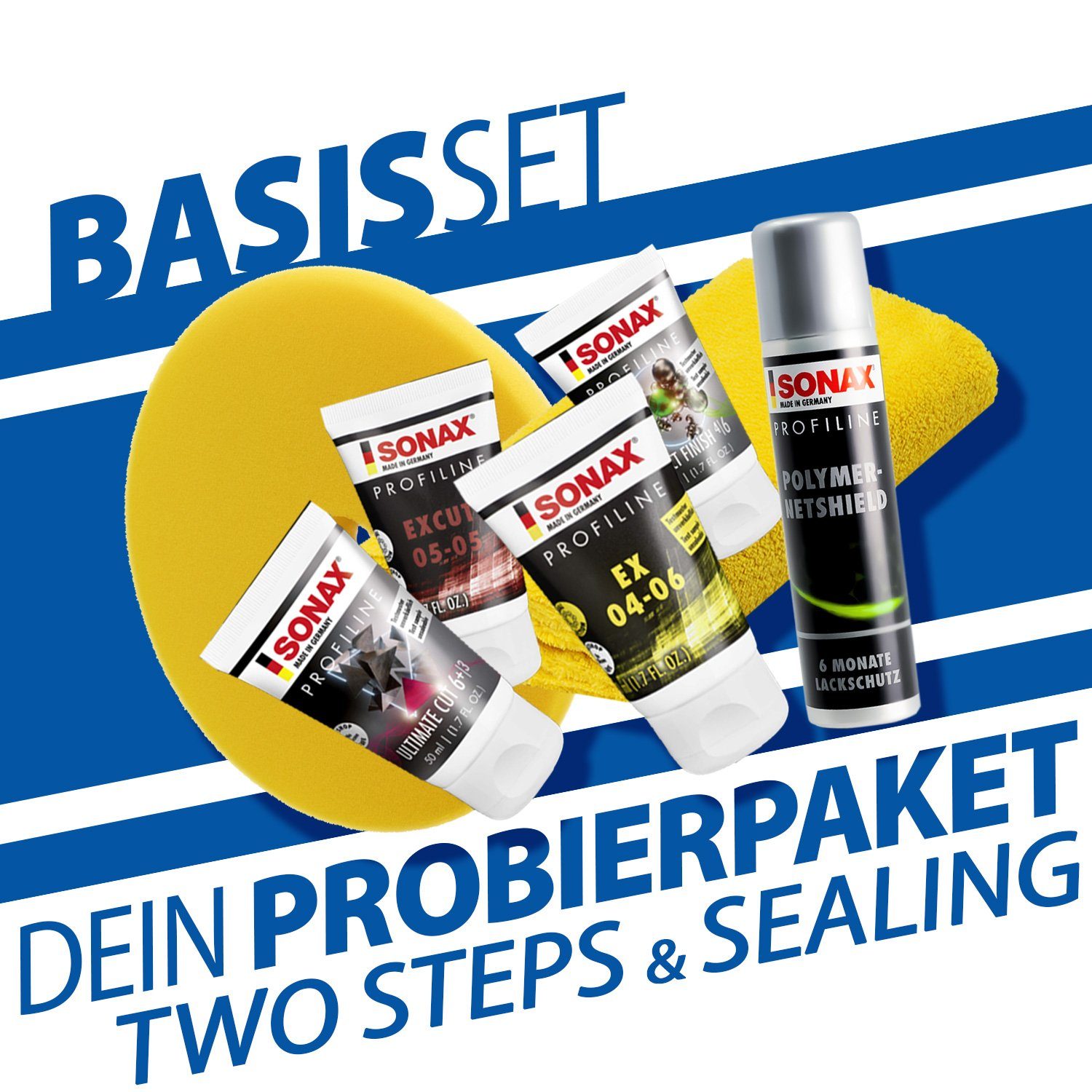 Garage Freaks Exzenter Poliermaschine Auto Politur Set PLSH H15, 15mm Hub, 125mm Stützteller, 2100 min. U/min, 5000 max. U/min, Polituren 50ml + Polierpad + SONAX PolymerNetShield Versiegelung 75ml