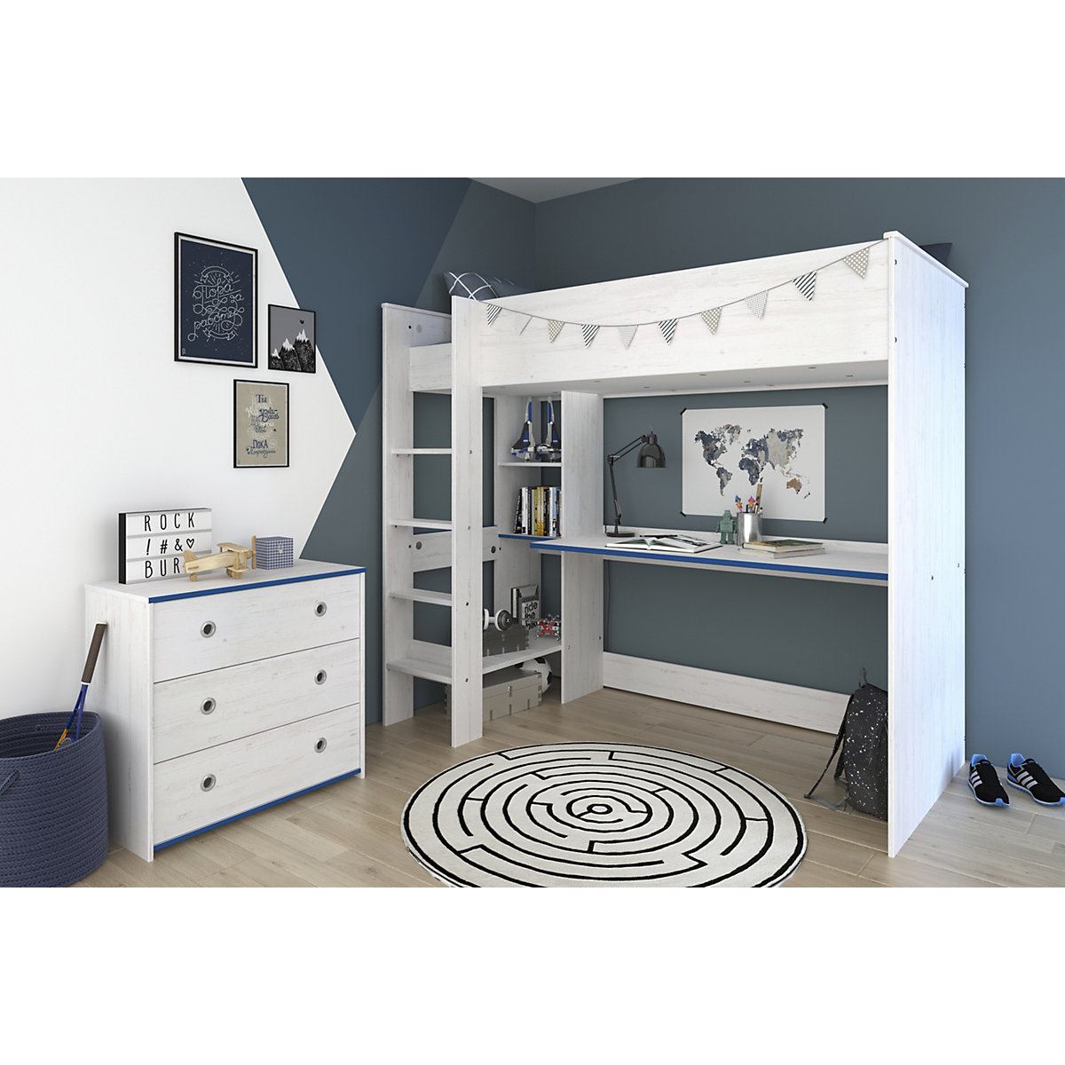 Hochbett extra hoch, mit Kommode, 
