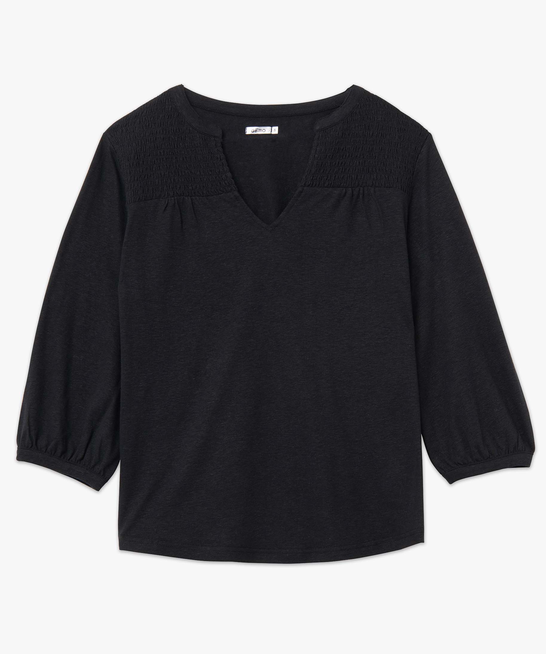 Tee-shirt femme à manches 3/4 avec smocks sur le buste noir | GEMO
