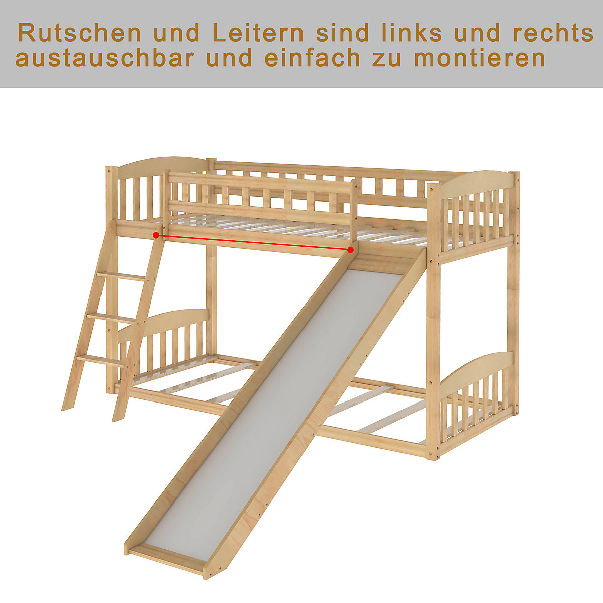 Etagenbett mit Rutsche, Niedriger Kinderbett Etagenbettrahmen Massives Kiefernbett 90 x 200 cm