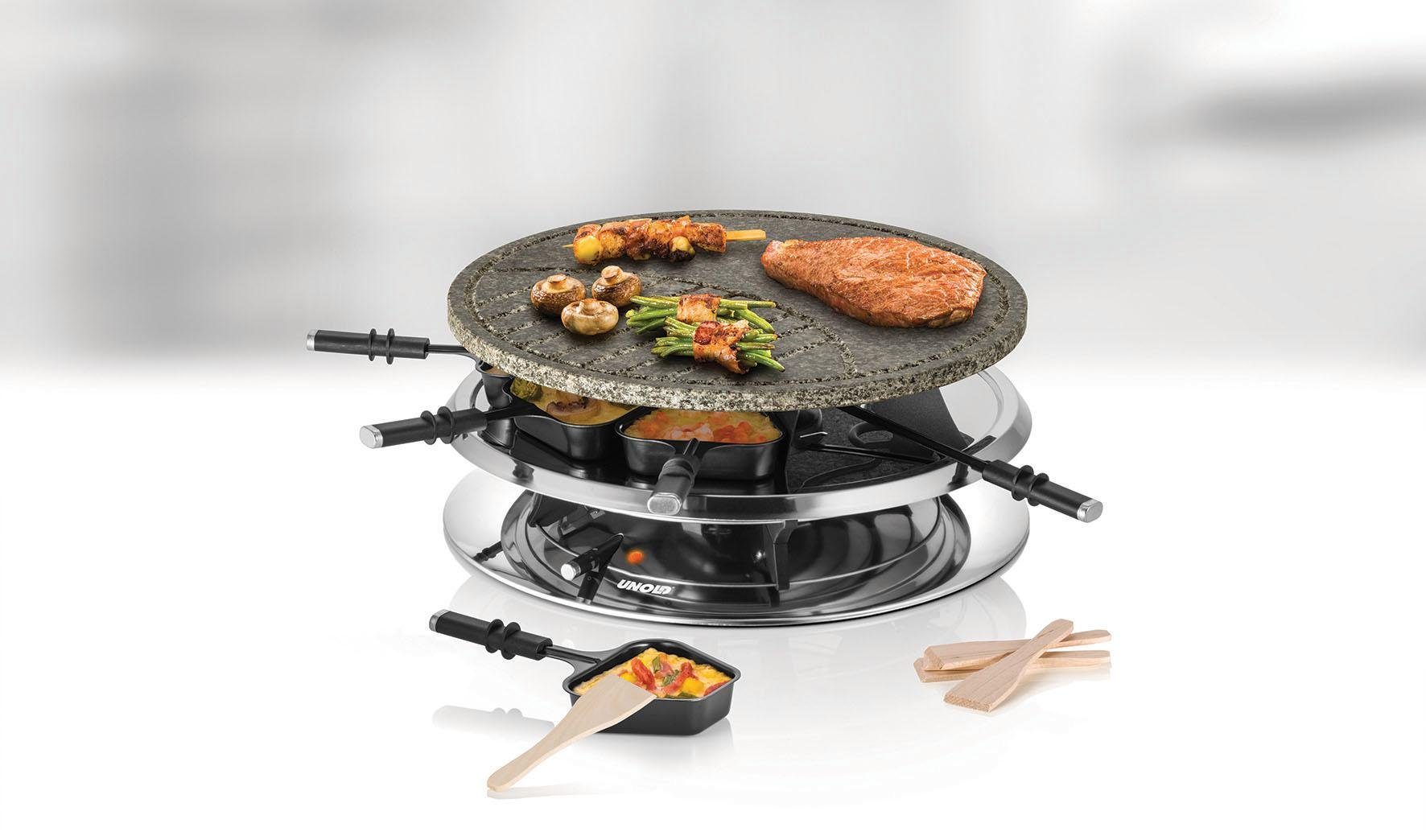 Unold Raclette und Fondue-Set Multi 4 in 1 - 48726, 8 Raclettepfännchen, 1300 W