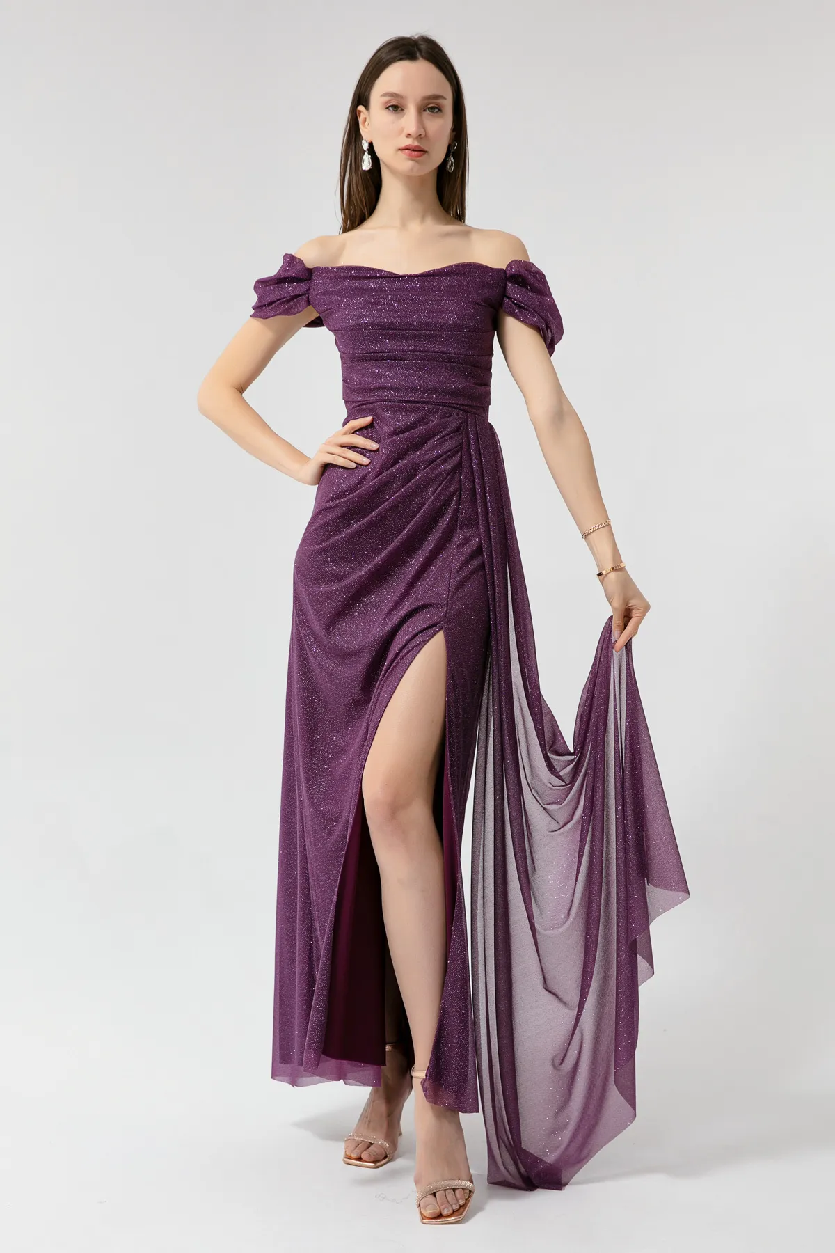 Lafaba  Damen-Abendkleid in Pflaume mit U-Boot-Ausschnitt, drapiertem Schlitz, langes Glitzer-Abendkleid