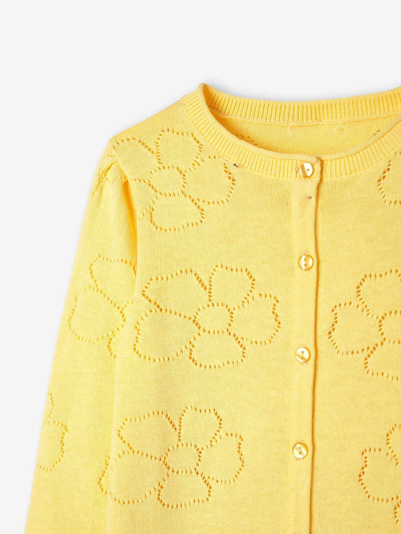 Gilet maille ajourée motifs fleurs fille jaune