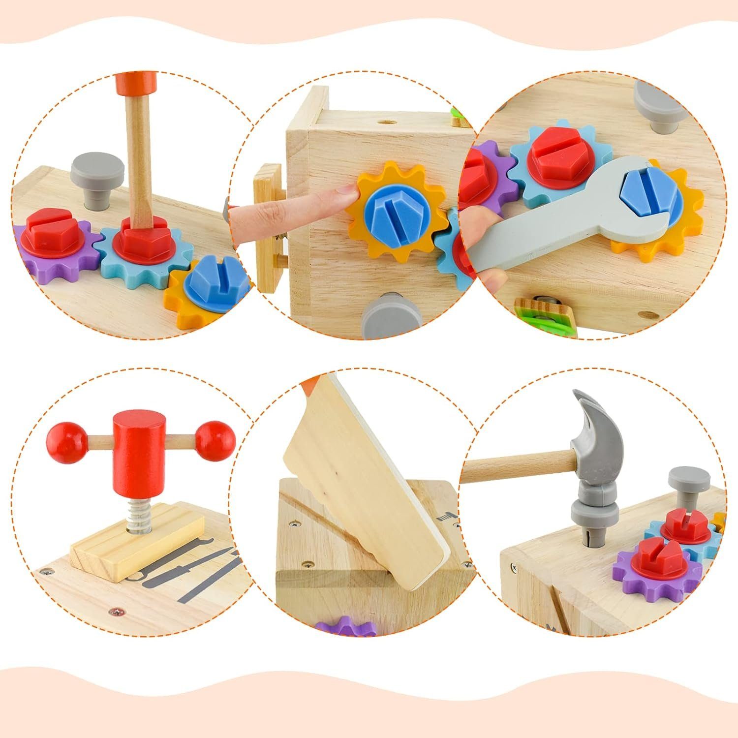 flowgoer Spielzeugtruhe 24-teiliges Holzwerkzeugset für Kinder - Tragbarer Werkzeugtisch, Entwickeln Sie Ihre Fantasie und trainieren Sie praktische Fähigkeiten