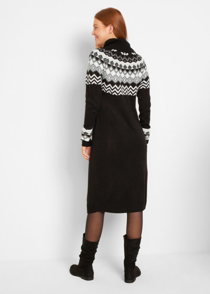 Strickkleid mit Norwegermuster und weitem Rollkragen, kniebedeckend