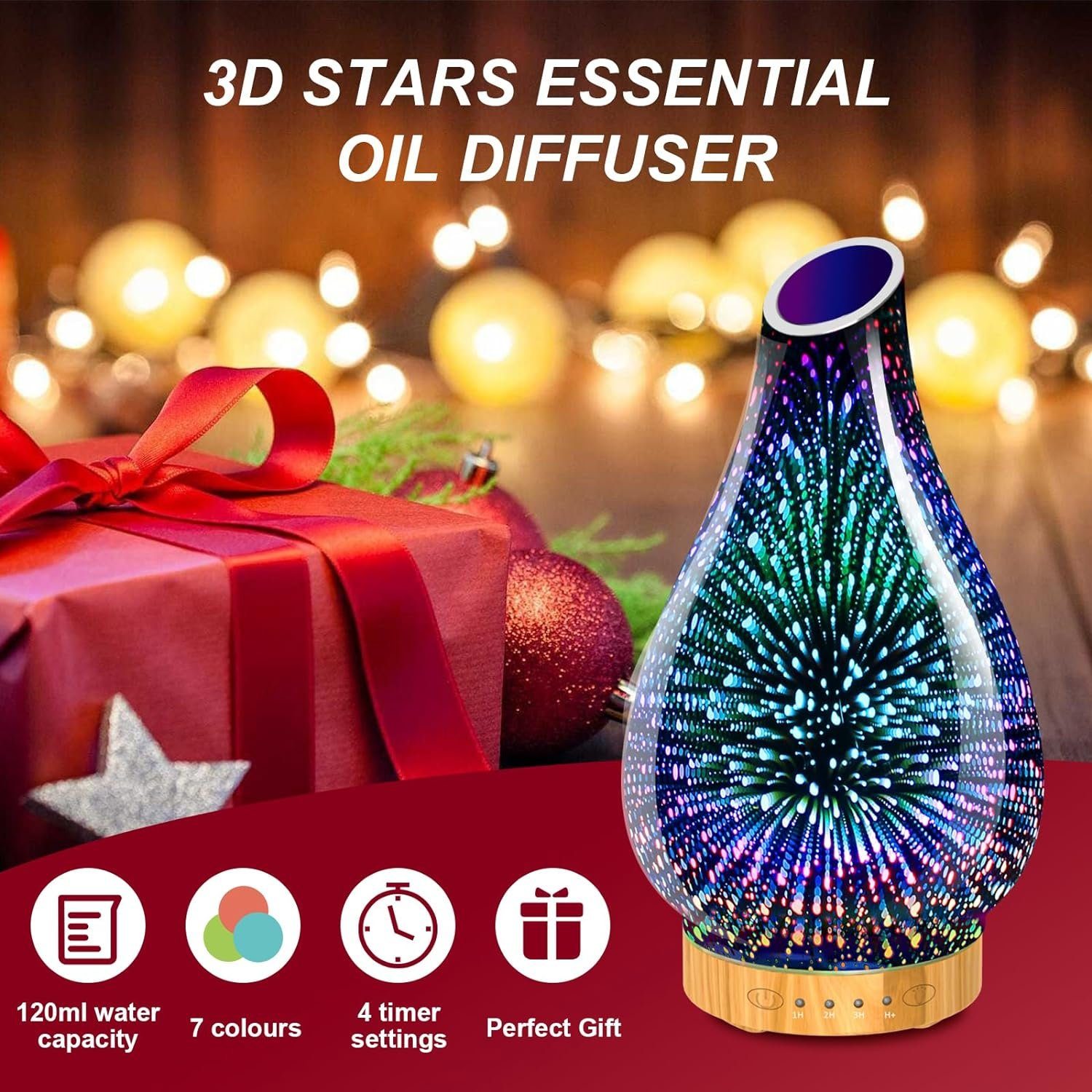 megadot Diffuser Aroma Diffuser, Handblown 3D Ultraschall Leise Luftbefeuchter, 7 farbwechselnde LEDs Raumbefeuchter BPA Frei mit Timer