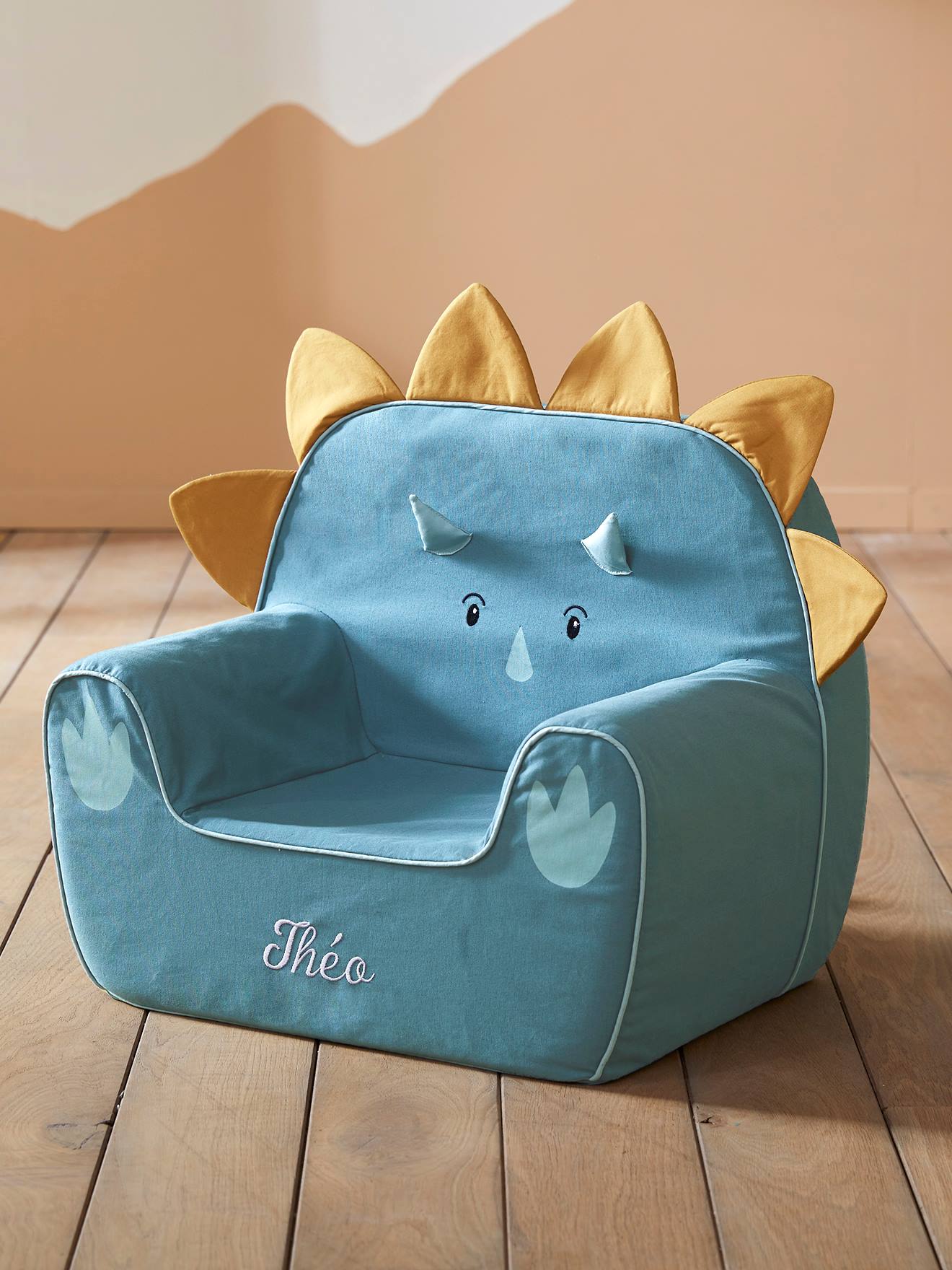 Vertbaudet Kinderzimmer Sessel in Dino-Form, Triceratops, personalisierbar - blau/karamell
