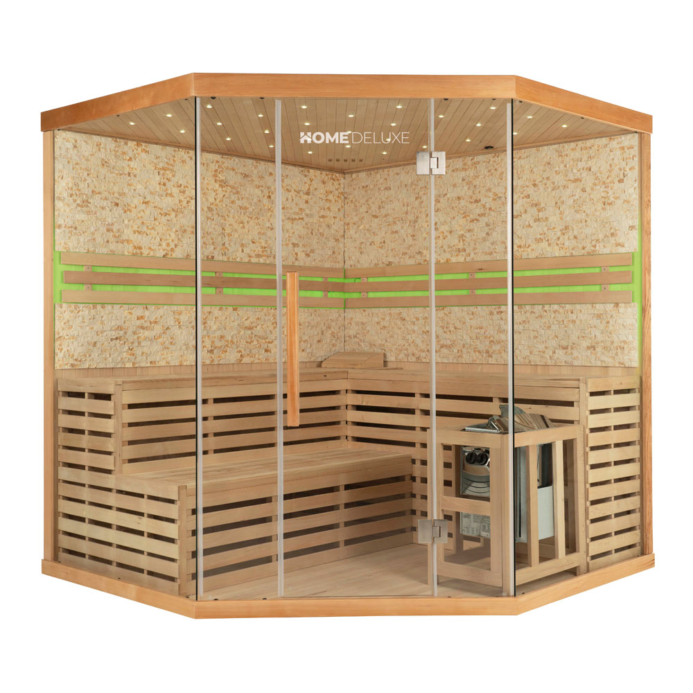 Home Deluxe Traditionelle Sauna SKYLINE XL BIG Kunststeinwand - 200 x 200 cm