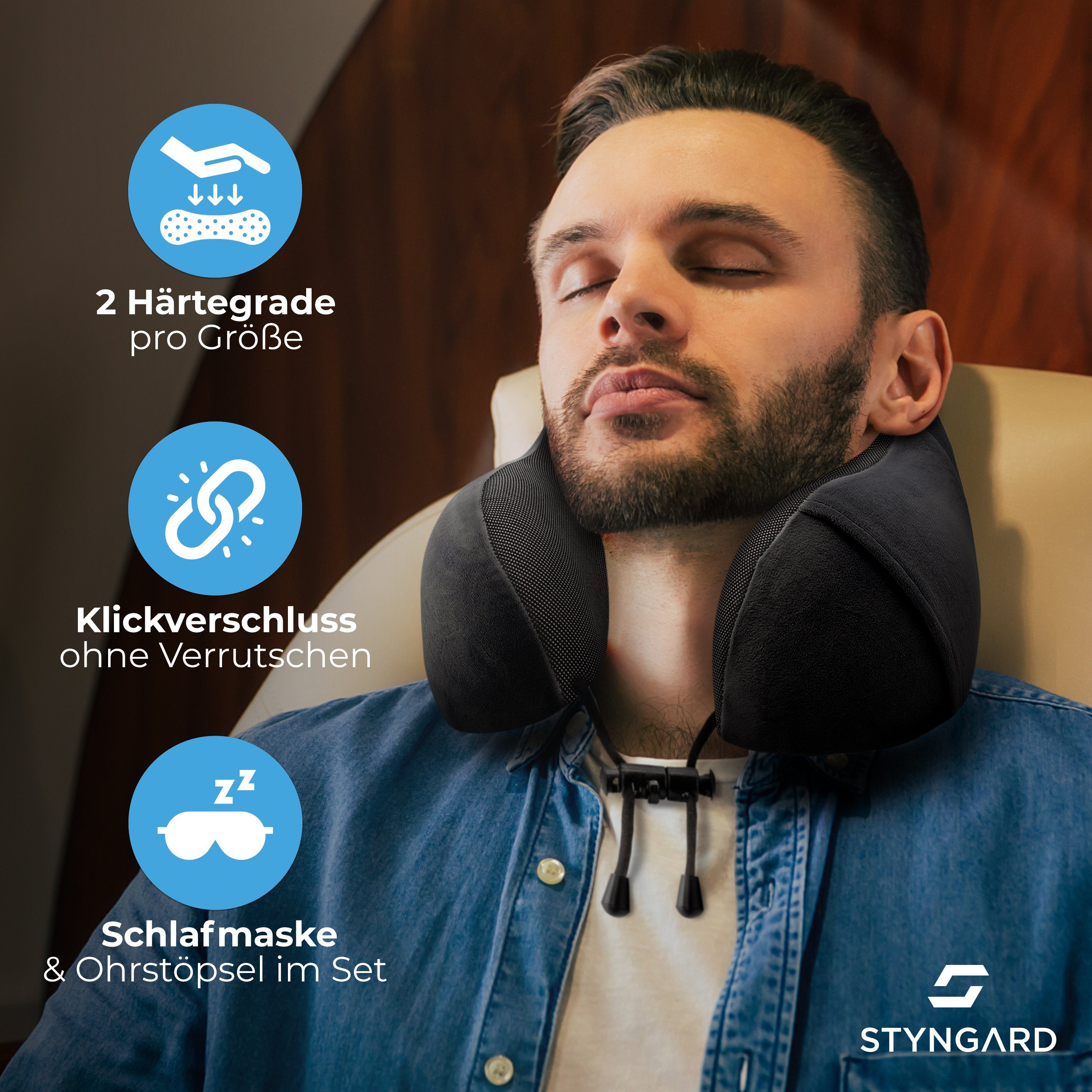 Styngard Nackenkissen Reisekissen, aus Memory-Foam inkl. Schlafmaske und Ohrstöpsel