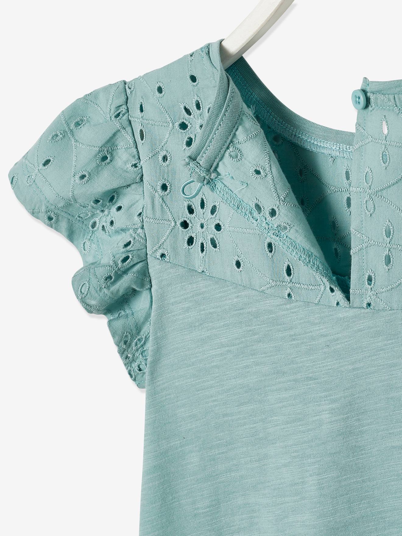 T-shirt fille avec détails broderie anglaise bleu marine