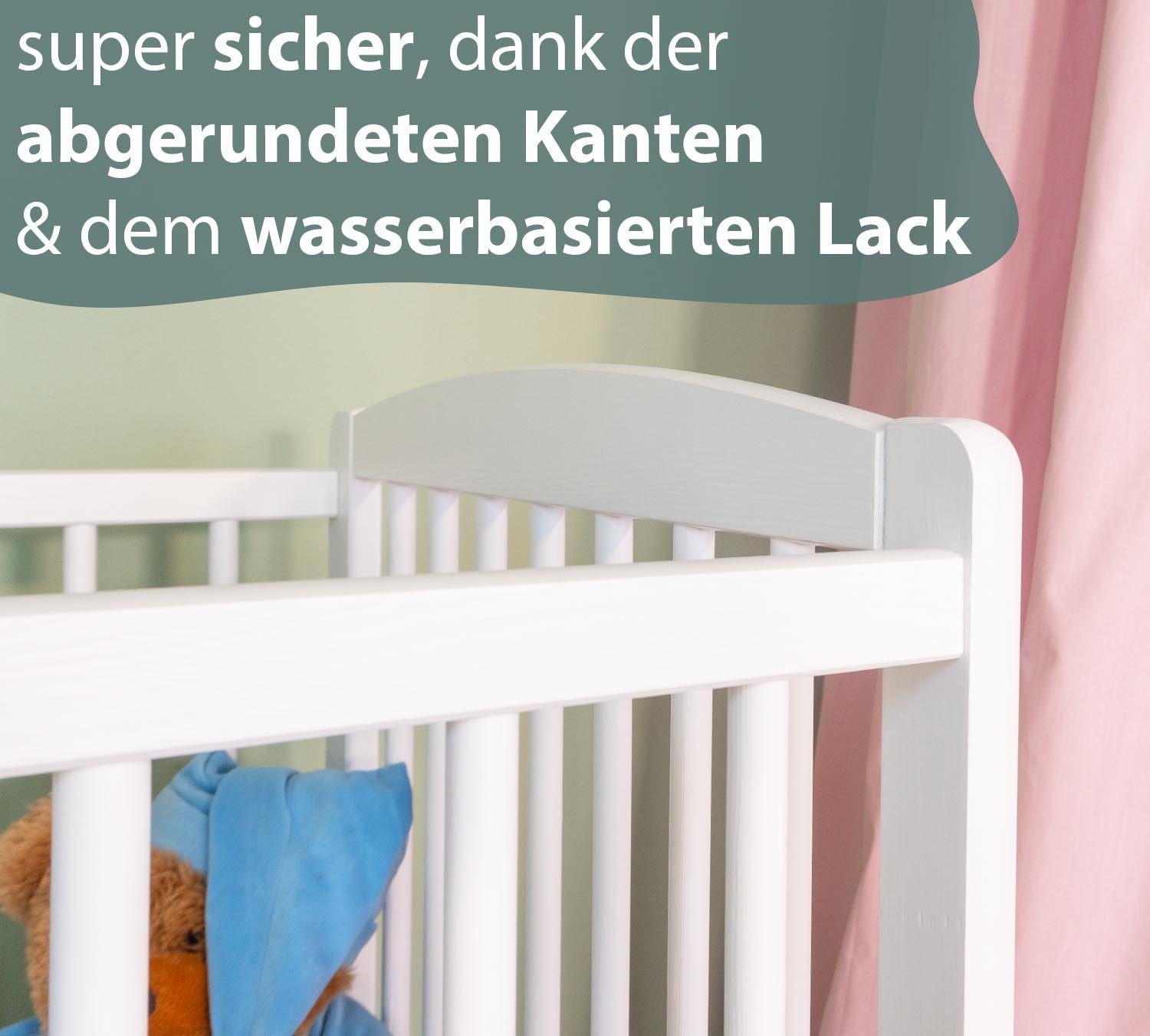 Alcube Babybett Emmi I Entdecken Sie unser Babybett - perfekt für Ihr Baby! BESTSELLER, 60x120 cm aus Kiefernholz inkl. Lattenrost und Rausfallschutz