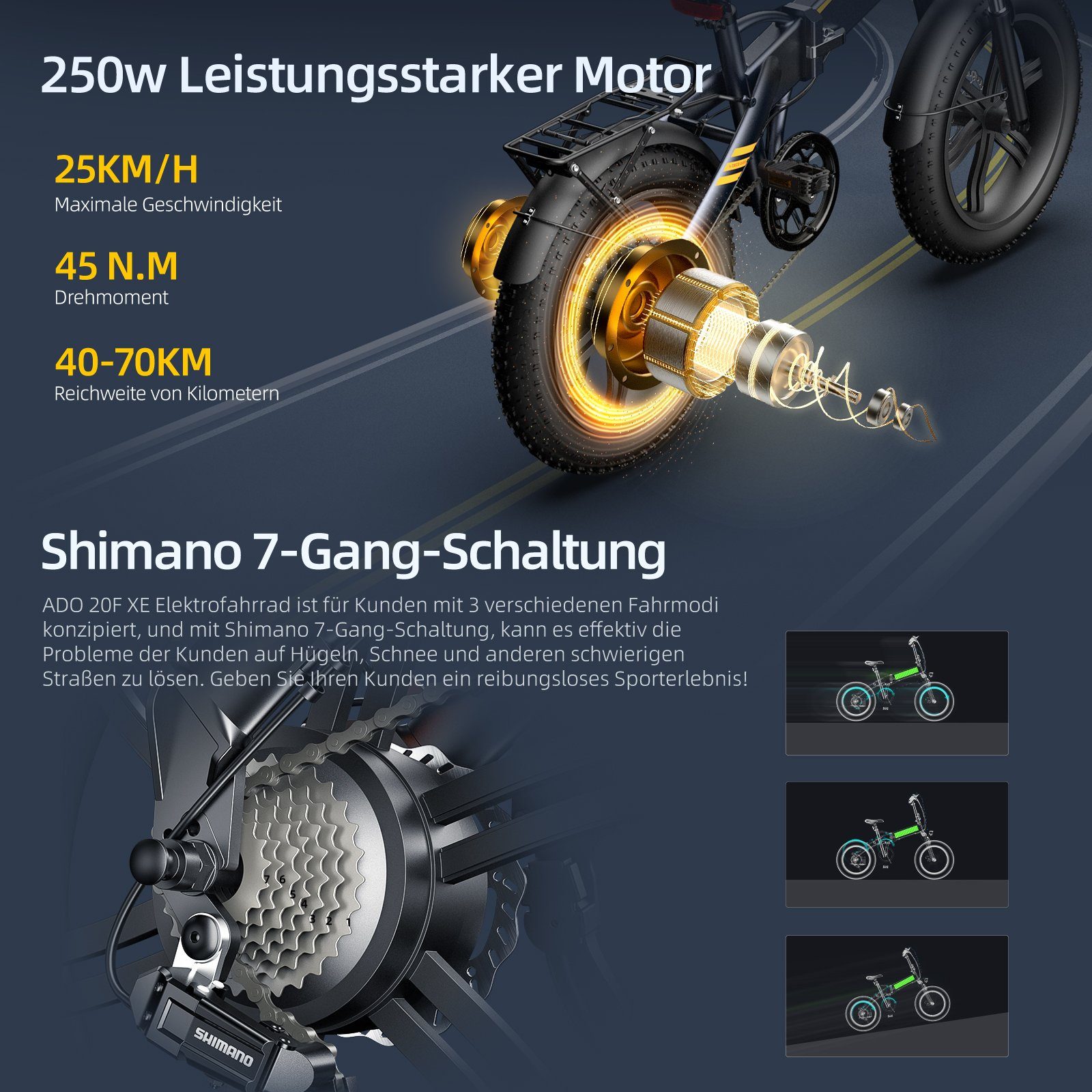 ADO E-Bike A20F XE Fat Tire E-Fahrrad, Kostenloses zusätzliches Akkupaket, 7 Gang Shimano, Kugelschaltung, ebike Damen,ebike Herren,StVZO