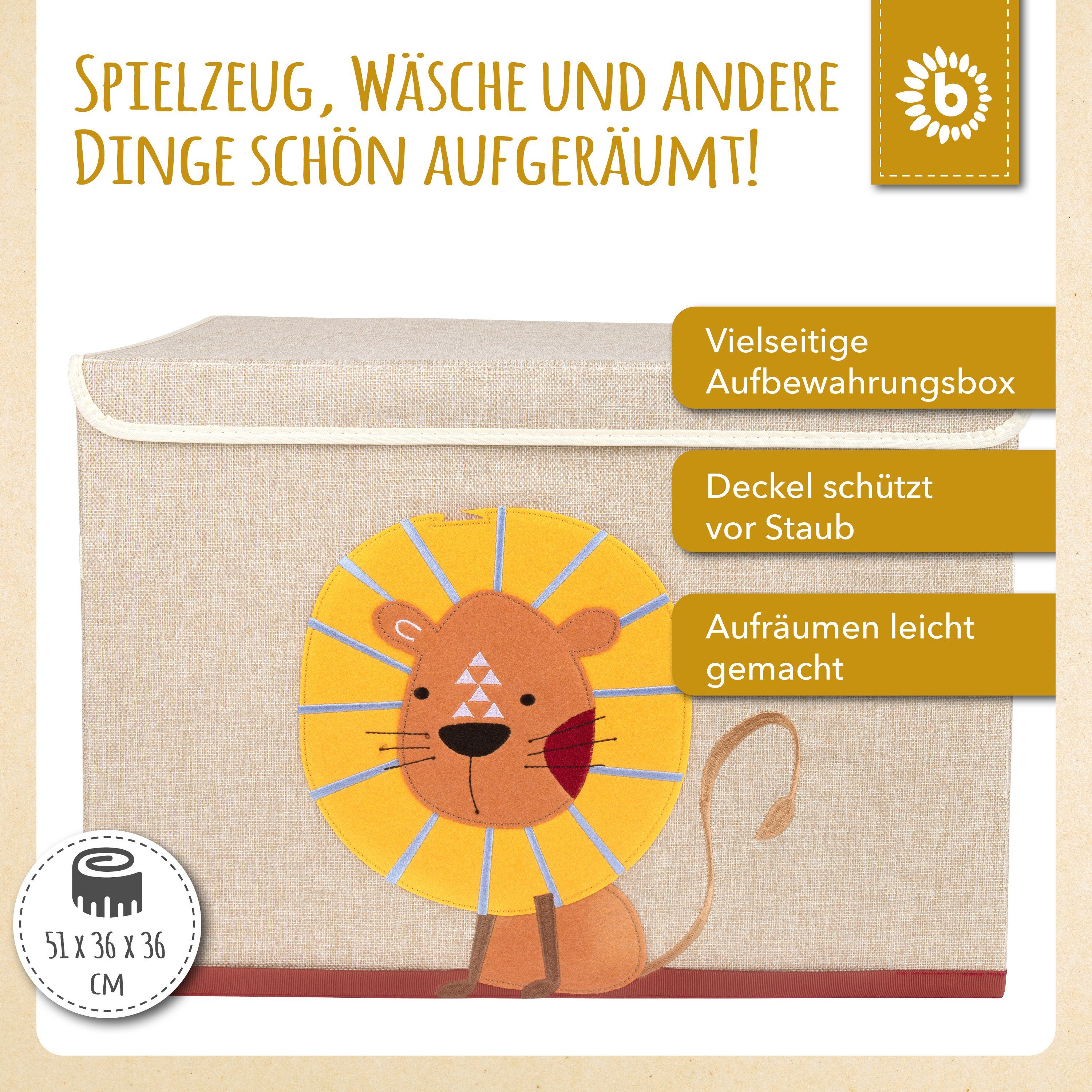 BIECO Spielzeugtruhe Bieco Aufbewahrungsbox mit Deckel 65L faltbar ca. 36x36x51cm Spielzeugkiste mit Deckel Aufbewahrungsbox Kinder Kisten mit Deckel Aufbewahrungsbox Groß Wickeltisch Organizer Löwen Motiv