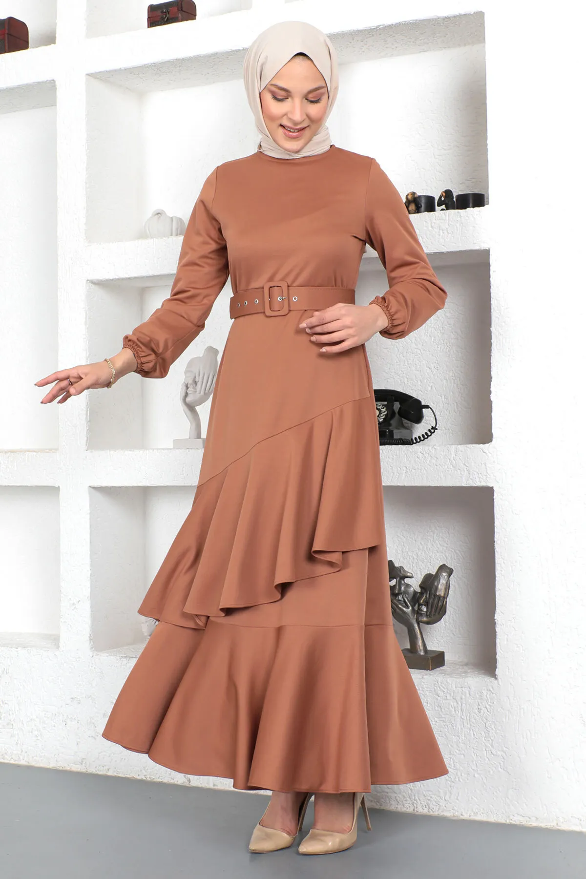 Tesettür Dünyası  Rüschenkleid Tsd230401 Kamel