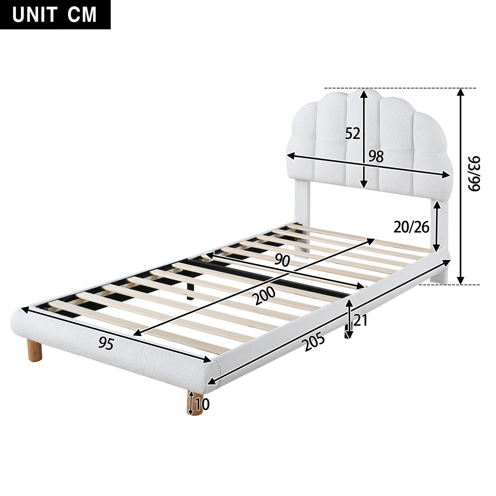Flieks Polsterbett, Einzelbett Kinderbett 90x200cm mit Halbkreisform Kopfteil Samtbezug