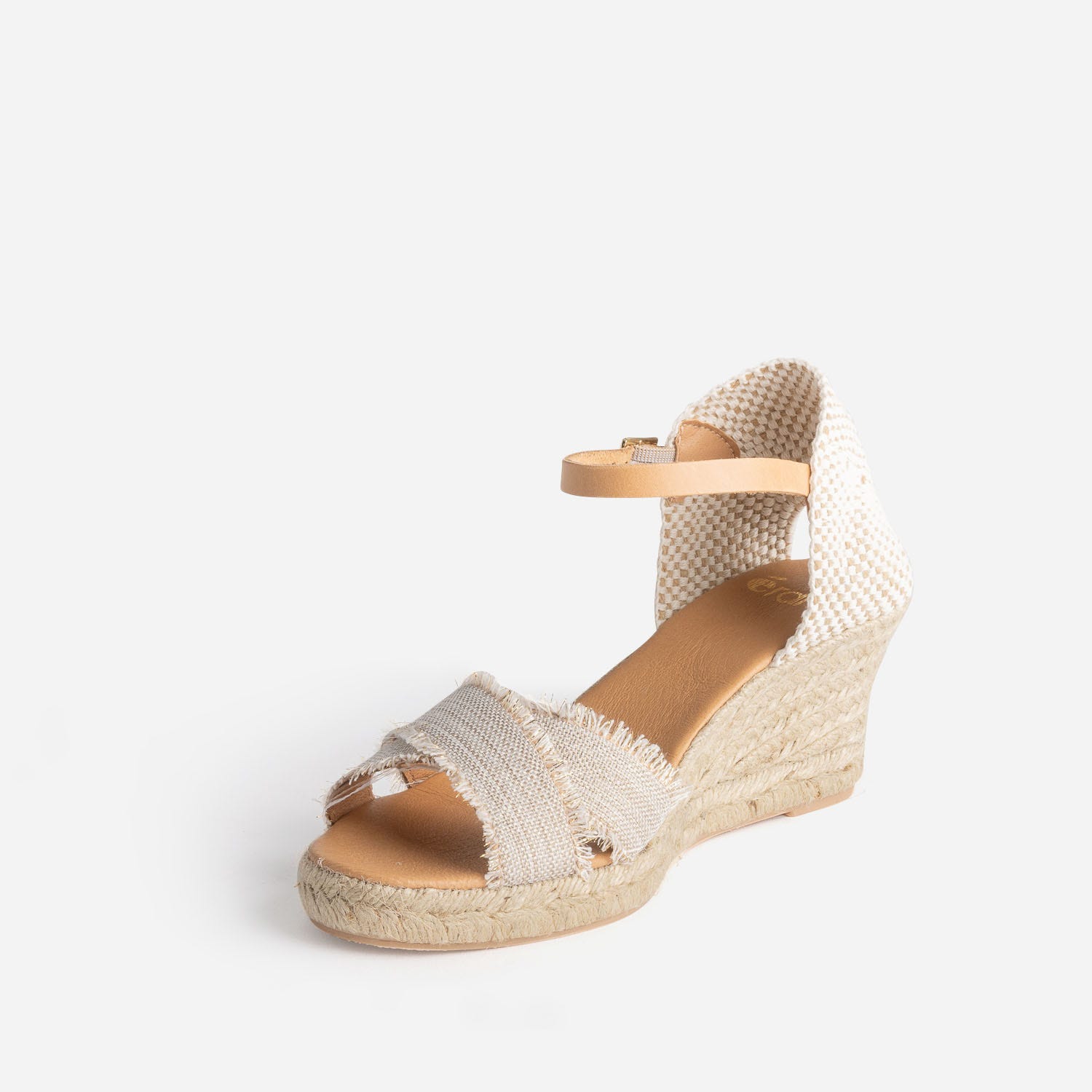 Sandale compensée beige pailleté doré en toile