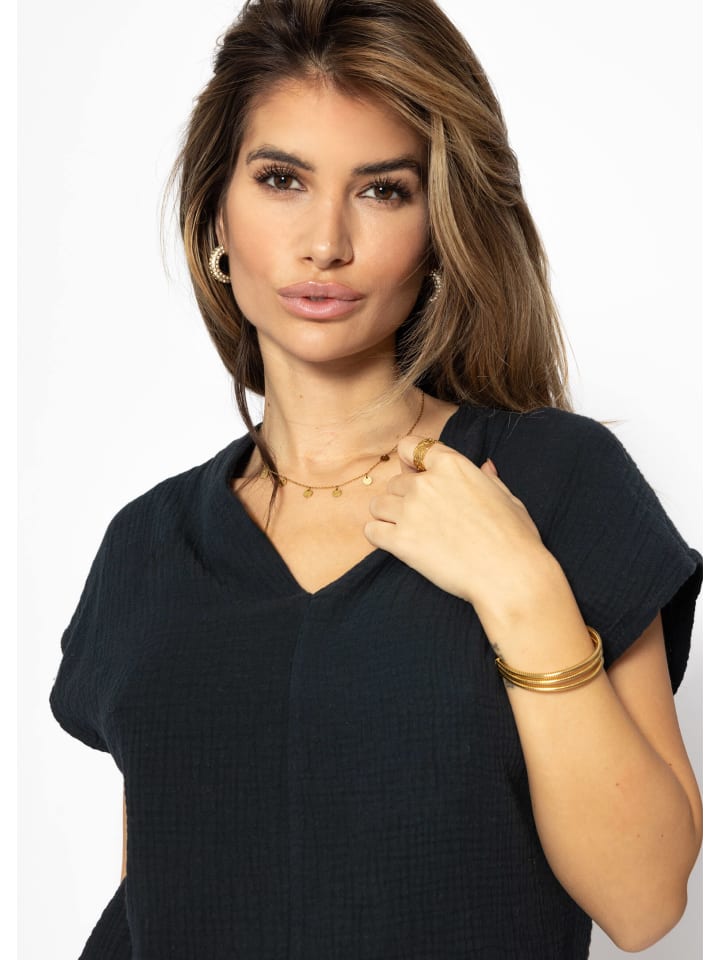 SASSYCLASSY Musselin Shirt mit V-Ausschnitt in Schwarz günstig kaufen