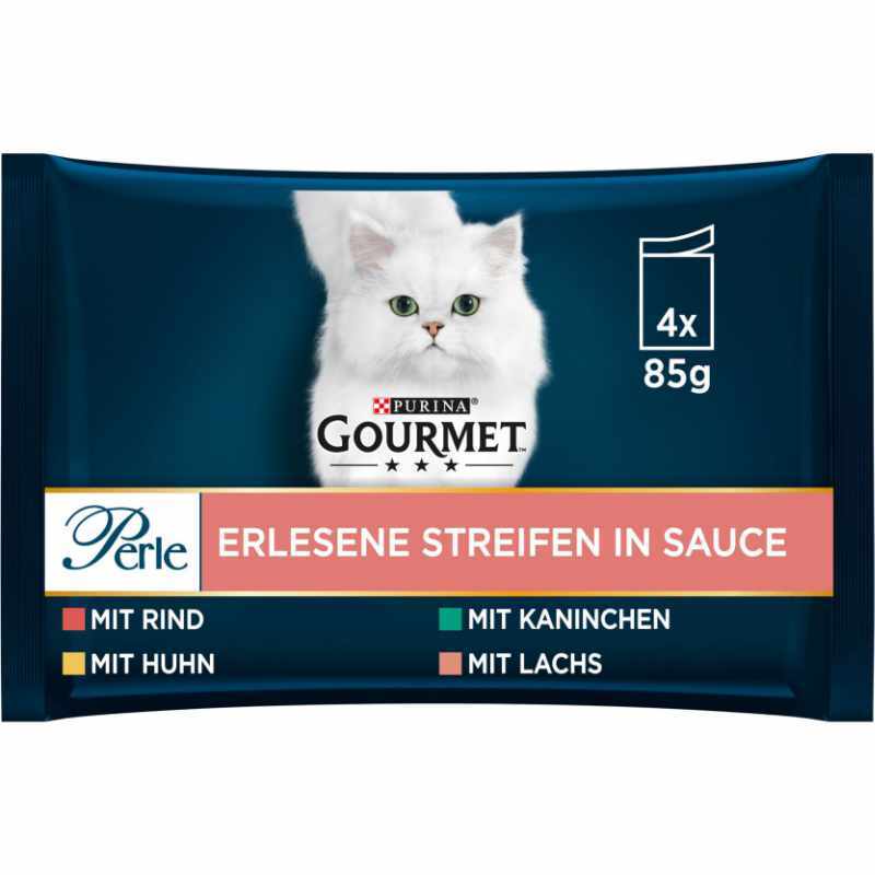 GOURMET Nassfutter GOURMET Perle 4x85g Rind, Huhn, Kaninchen & Lachs