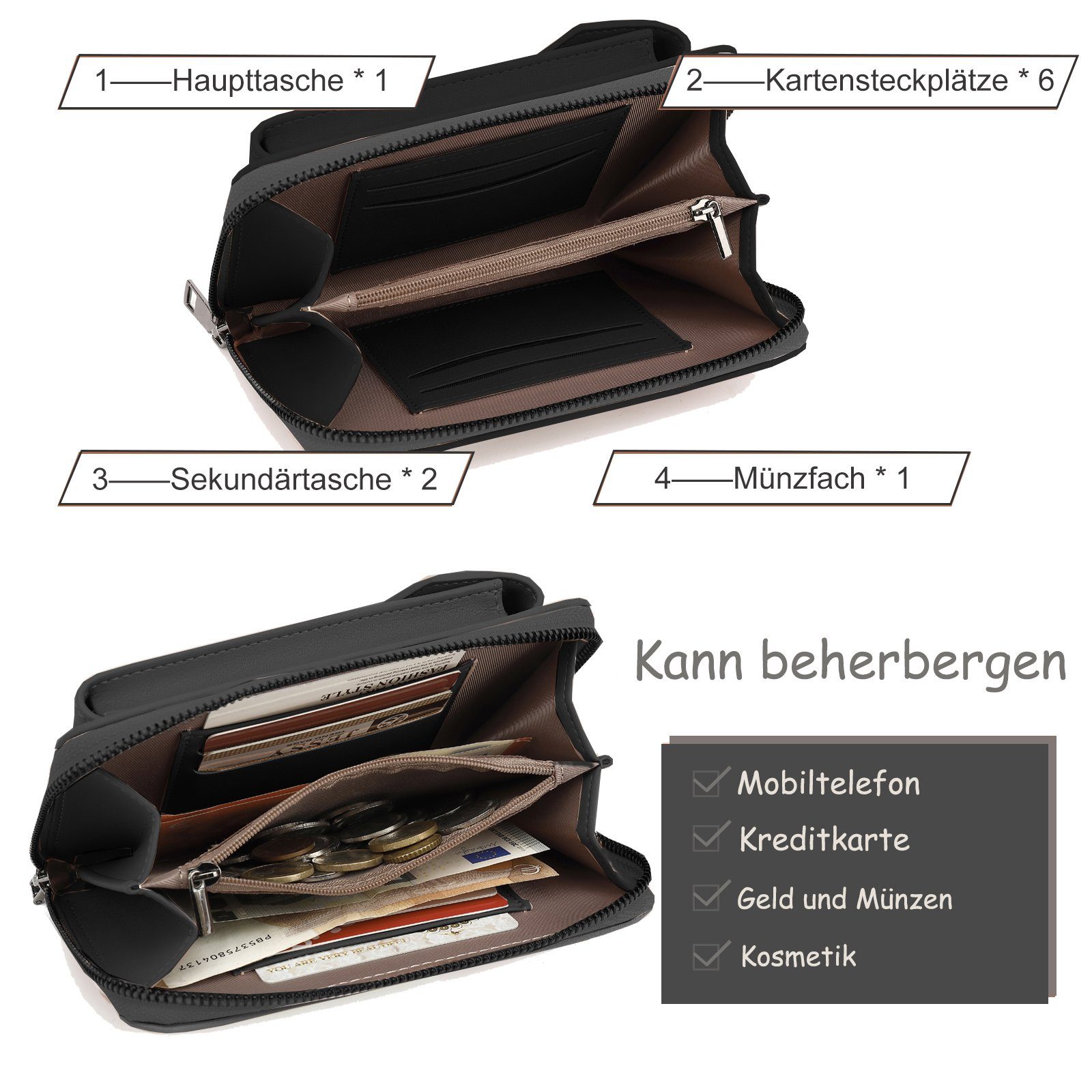 TAN.TOMI Umhängetasche Umhängetasche klein, Handytasche Damen, Handy Tasche Geldbörse, mit RFID-Schutz, abnehmbarer Schultergurt