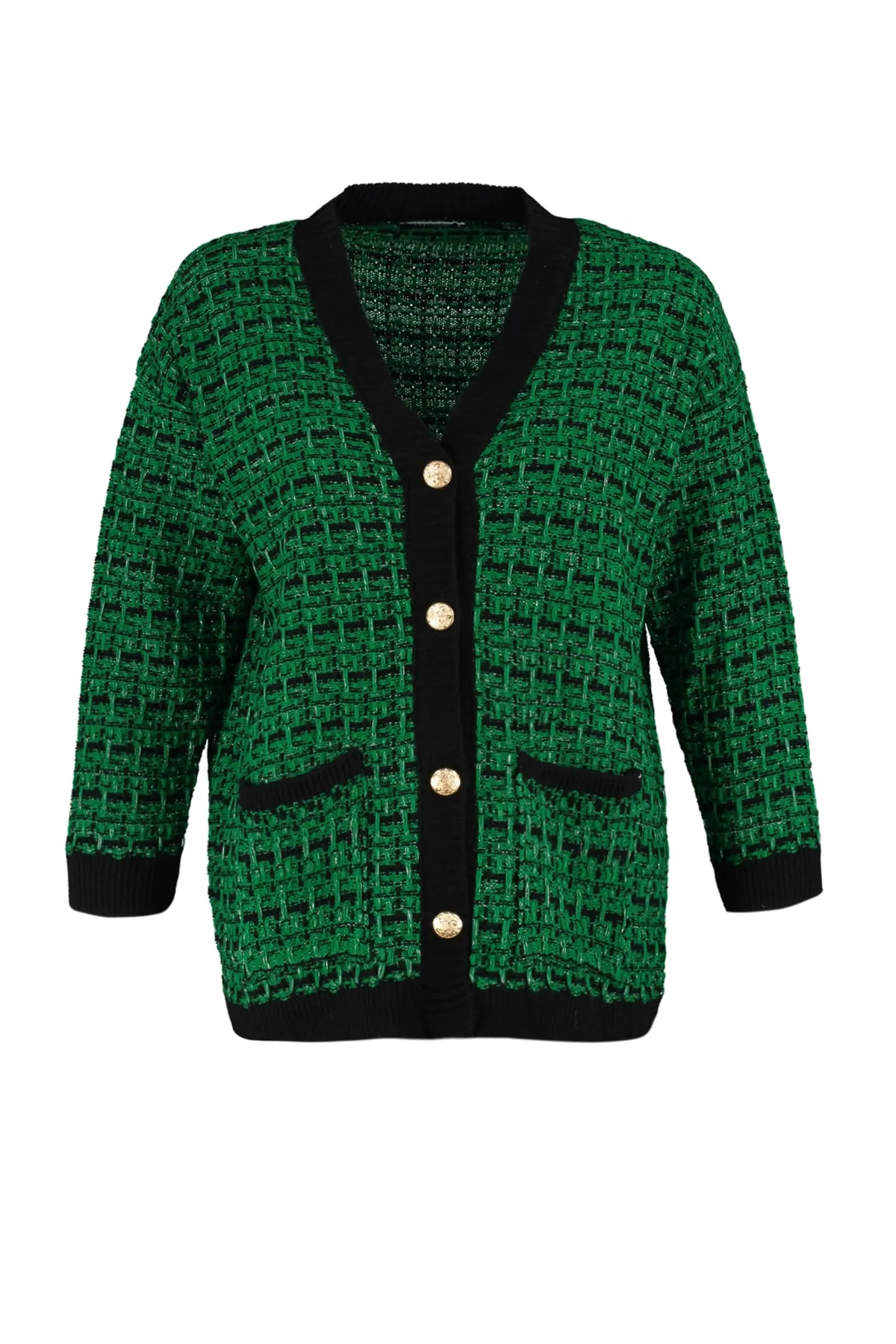Trendyol Collection  Grüner, glitzernder Strickcardigan in Tweed-Optik mit weiter Passform TWOAW21HI0250