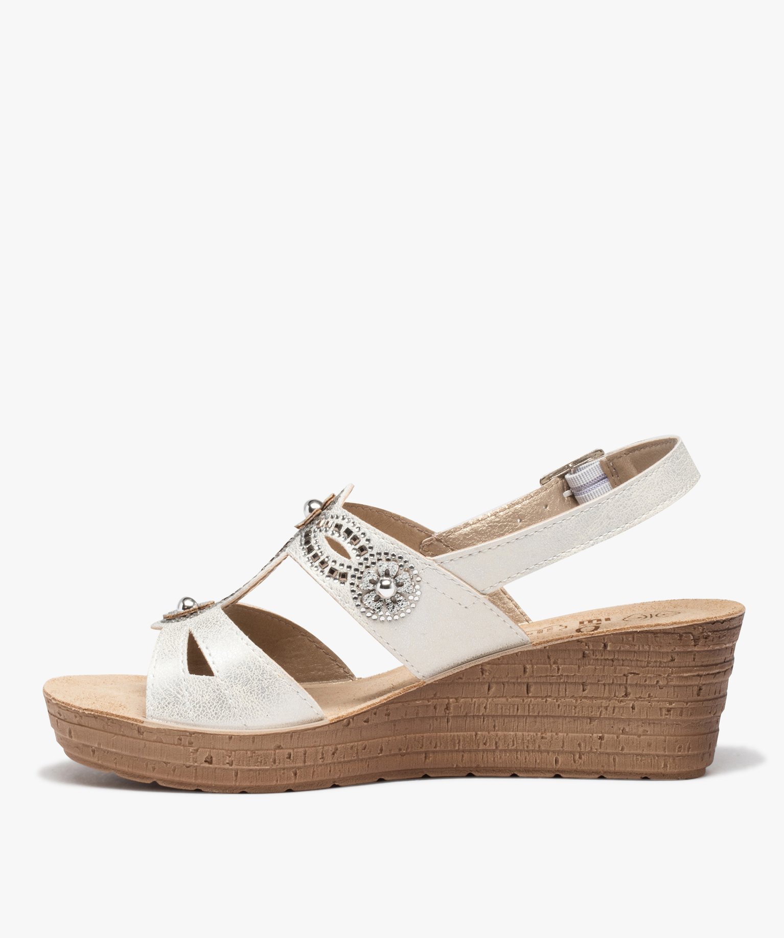 Sandales femme confort à talon compensé et brides strass blanc | GEMO