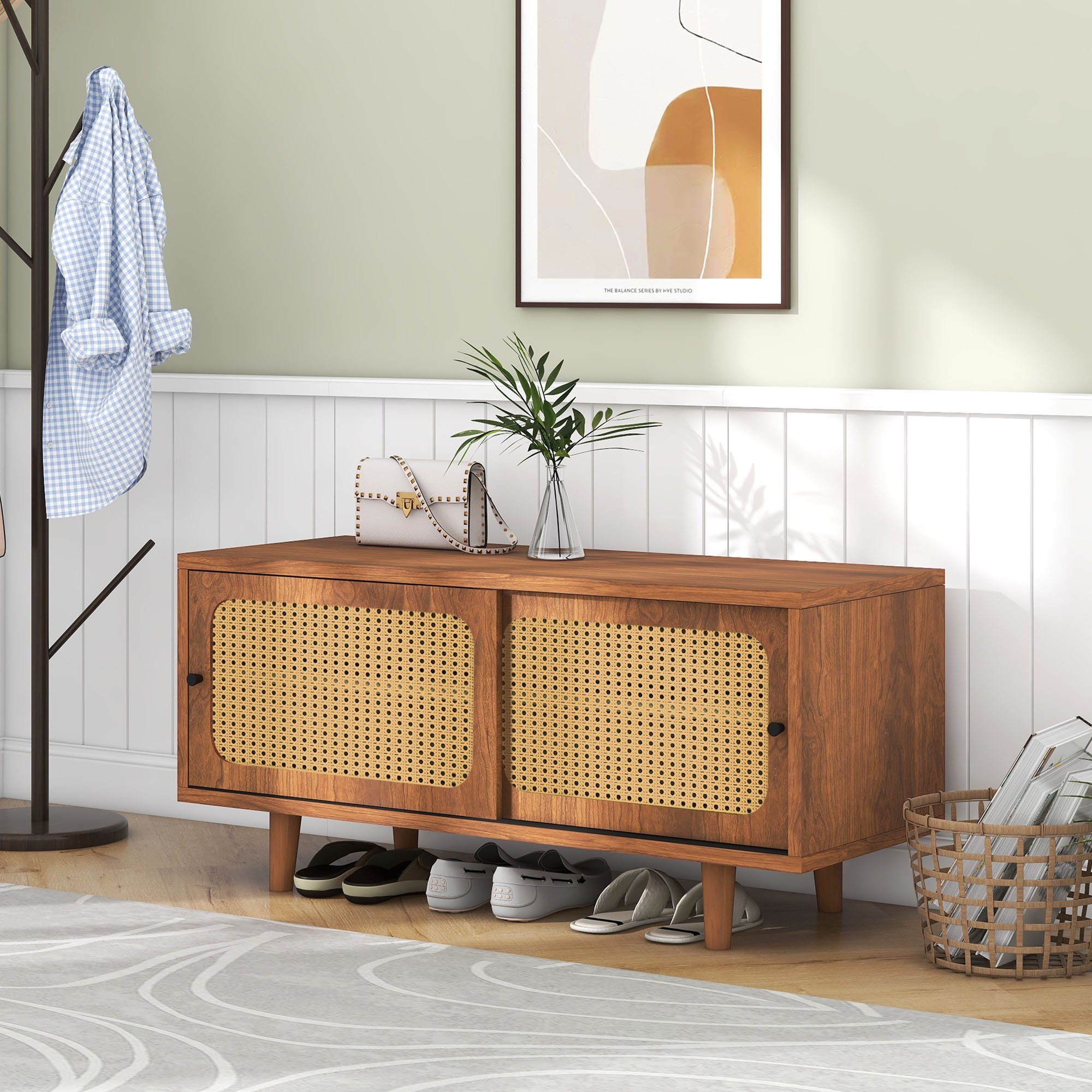 OKWISH Schuhschrank Schuhkarton (mit 2 Türen mit verstellbare Ablage Walnussfarbe formschöner Schuhschrank, Für Flur, Wohn- und Schlafzimmer) 104x40x48 cm