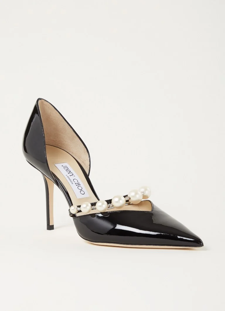 Sandale Jimmy Choo Aurelie din piele lăcuită, împodobite cu cristale.