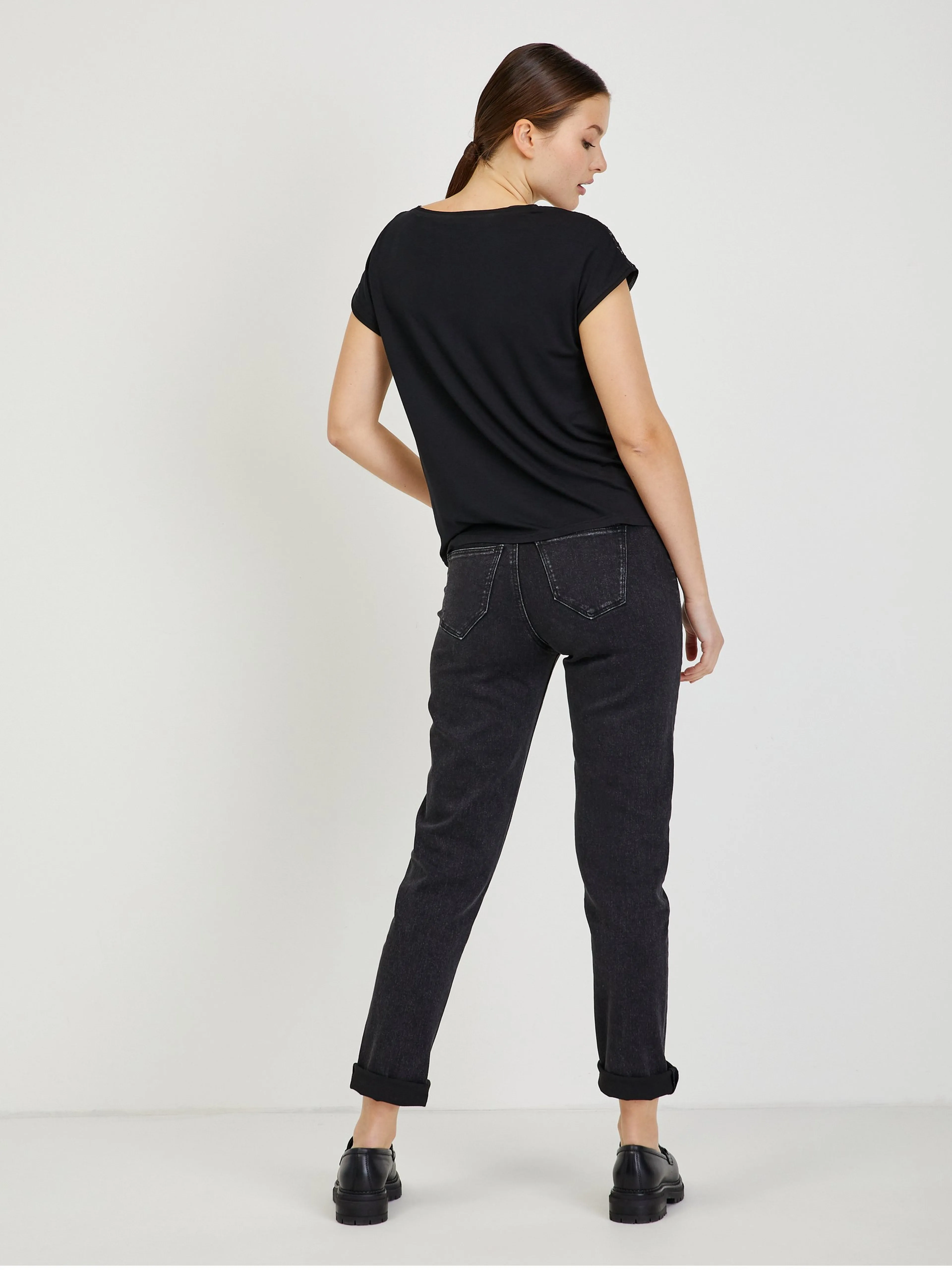 Beige-schwarzes Damen T-Shirt aus Spitze ORSAY