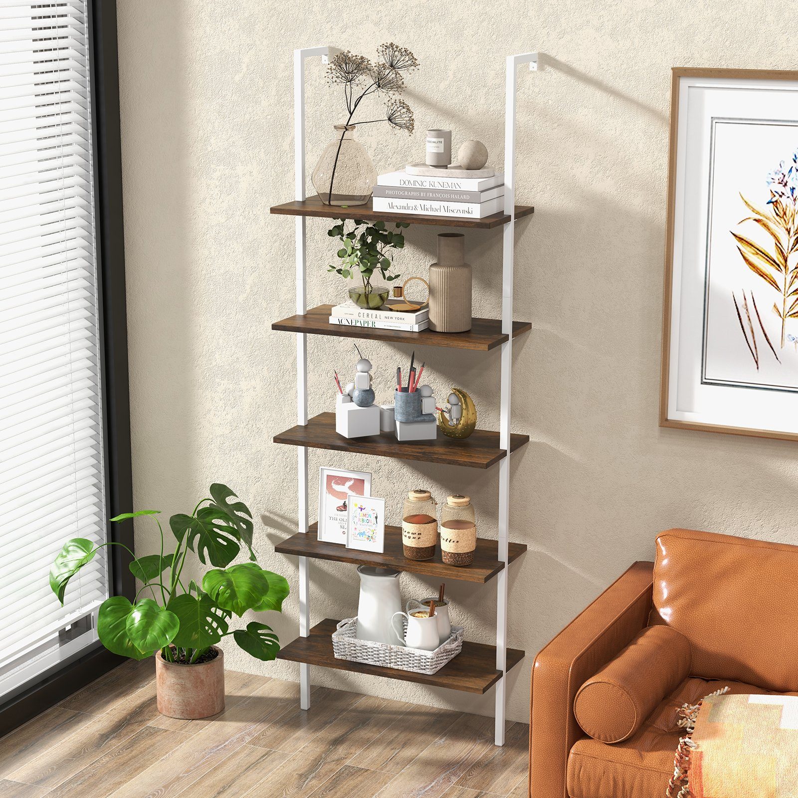 COSTWAY Leiterregal 5 Ebene Bücherregal, mit Metallrahmen, 180cm