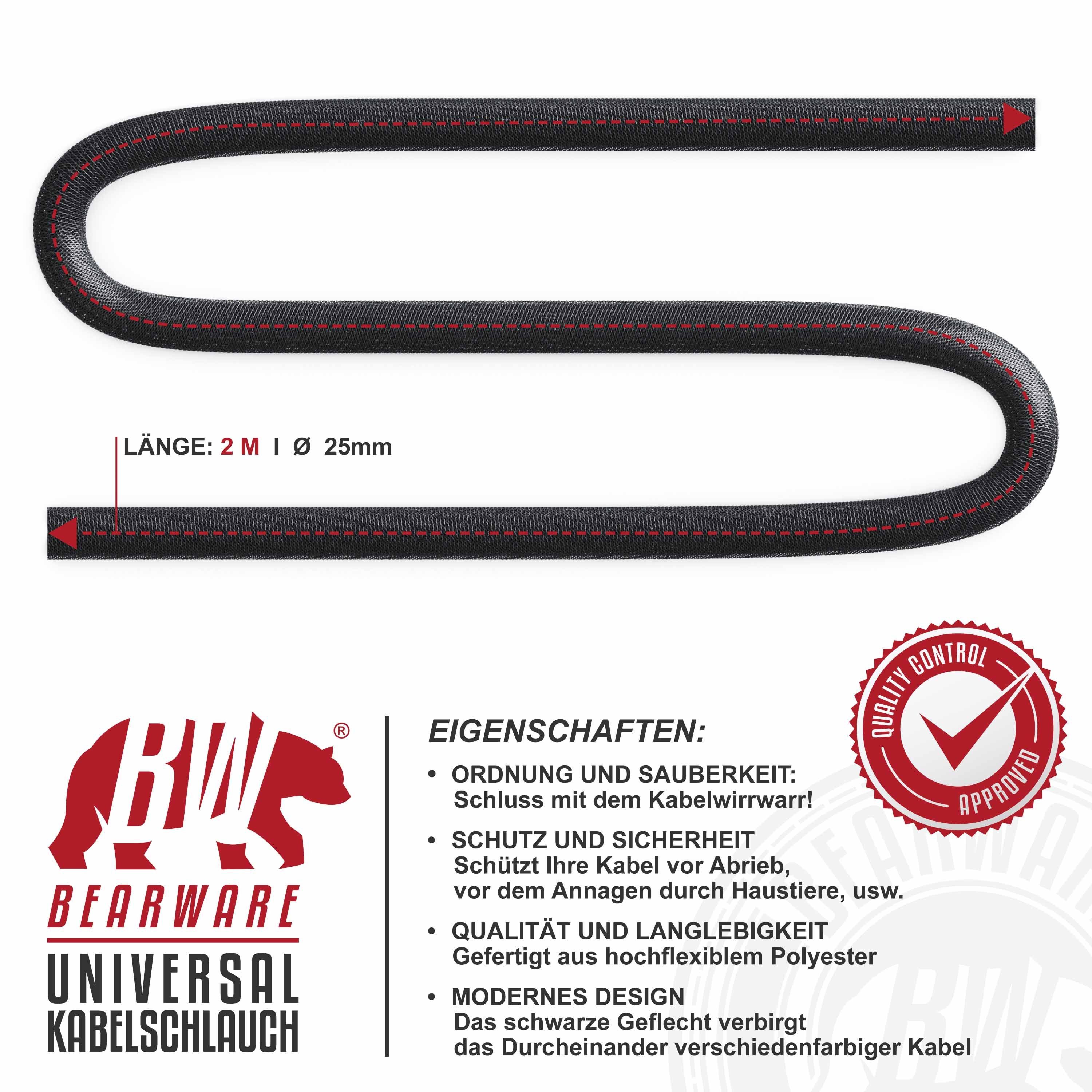 BEARWARE Geflechtschlauch, Kabelschlauch 2m, 25 mm Ø gewebter Mantel, flexibel, zuschneidbar