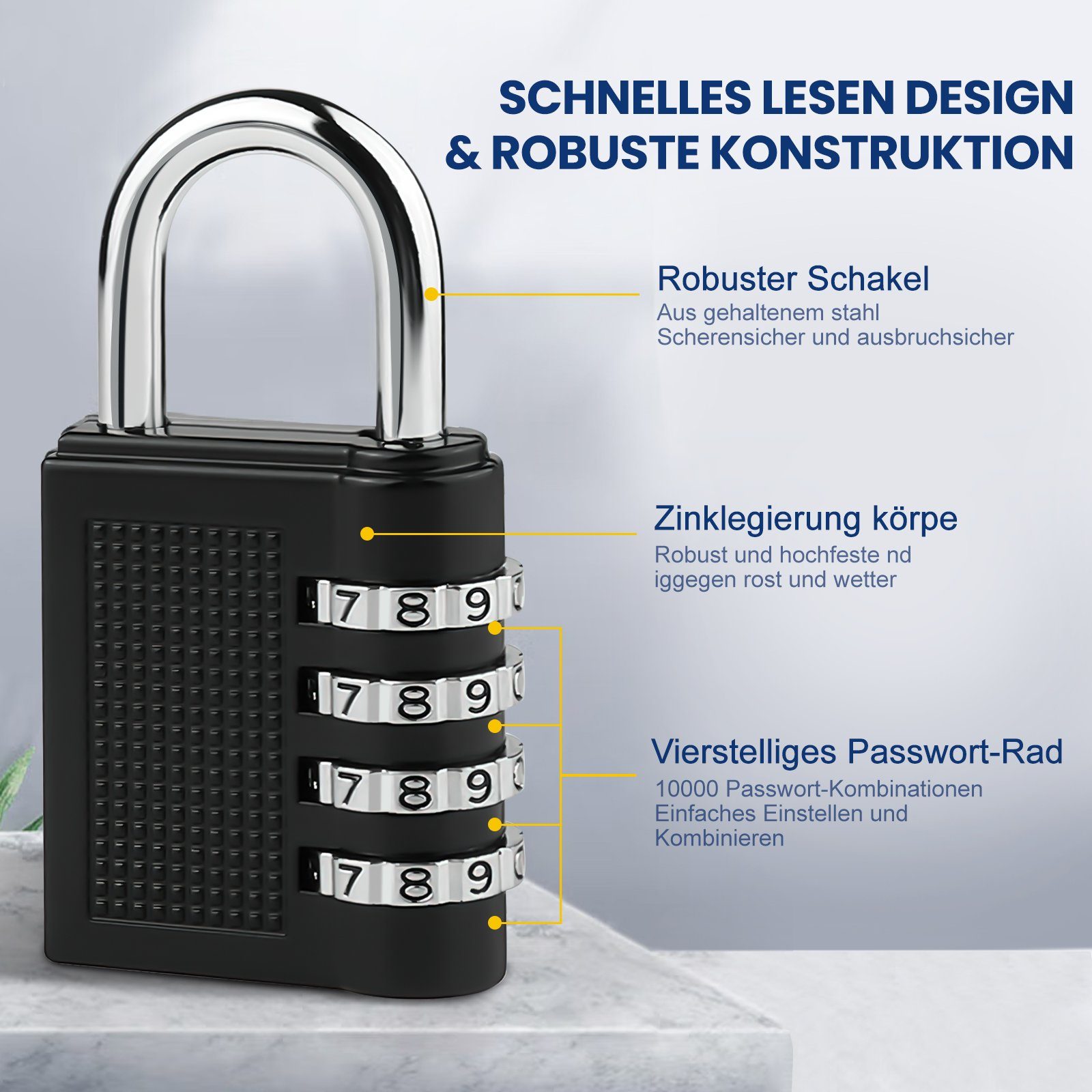 MDHAND Vorhängeschloss Zahlenschlösser 4 Stellig Vorhängeschloss Mit Zahlencode, (1-tlg), Wetterfest für Spind Fitnessstudio Werkzeugkasten (Schwarz)