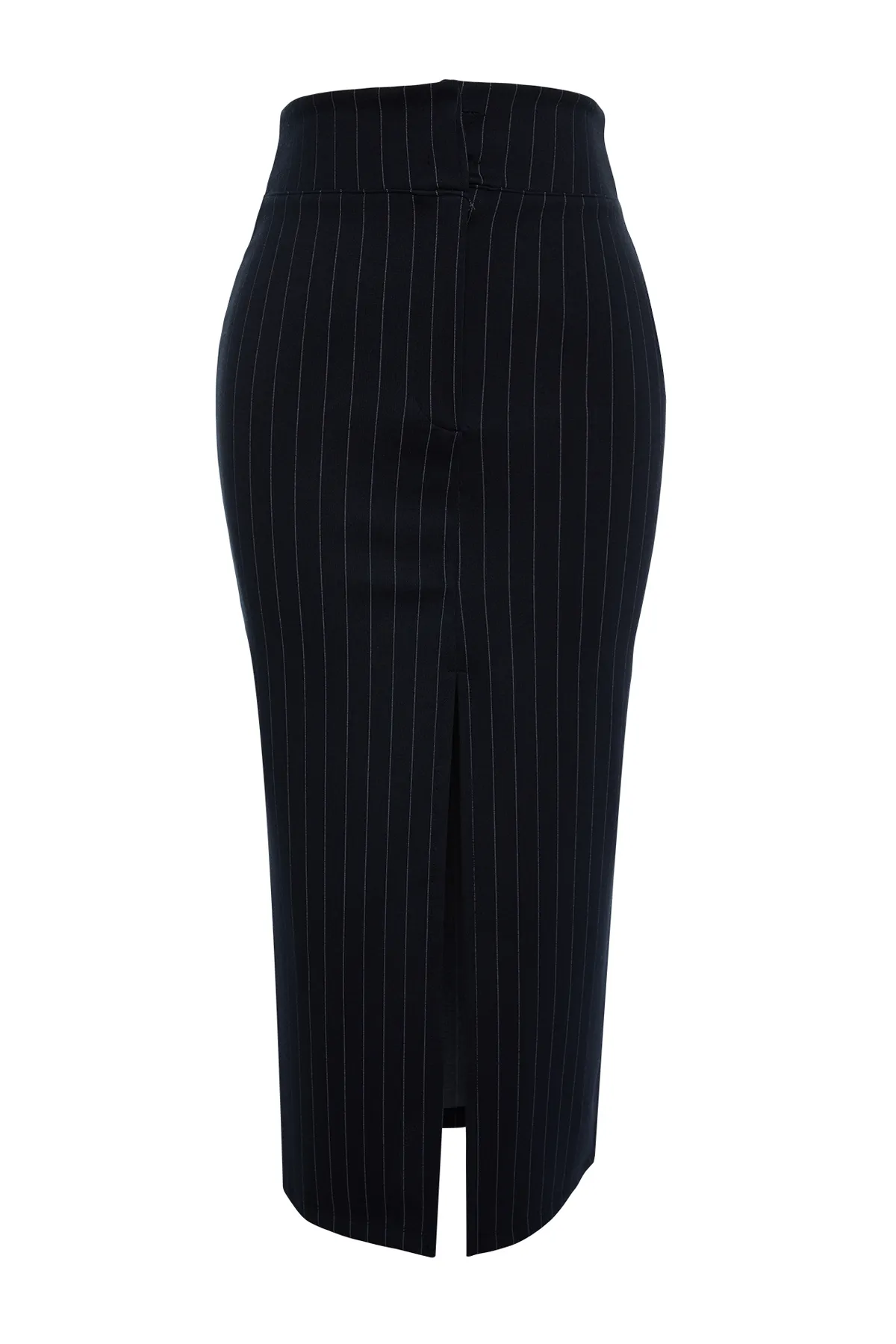 Trendyol Collection  Marineblauer gestreifter Maxi-Strickrock mit hoher Taille und Schlitzdetail TWOSS23ET00376