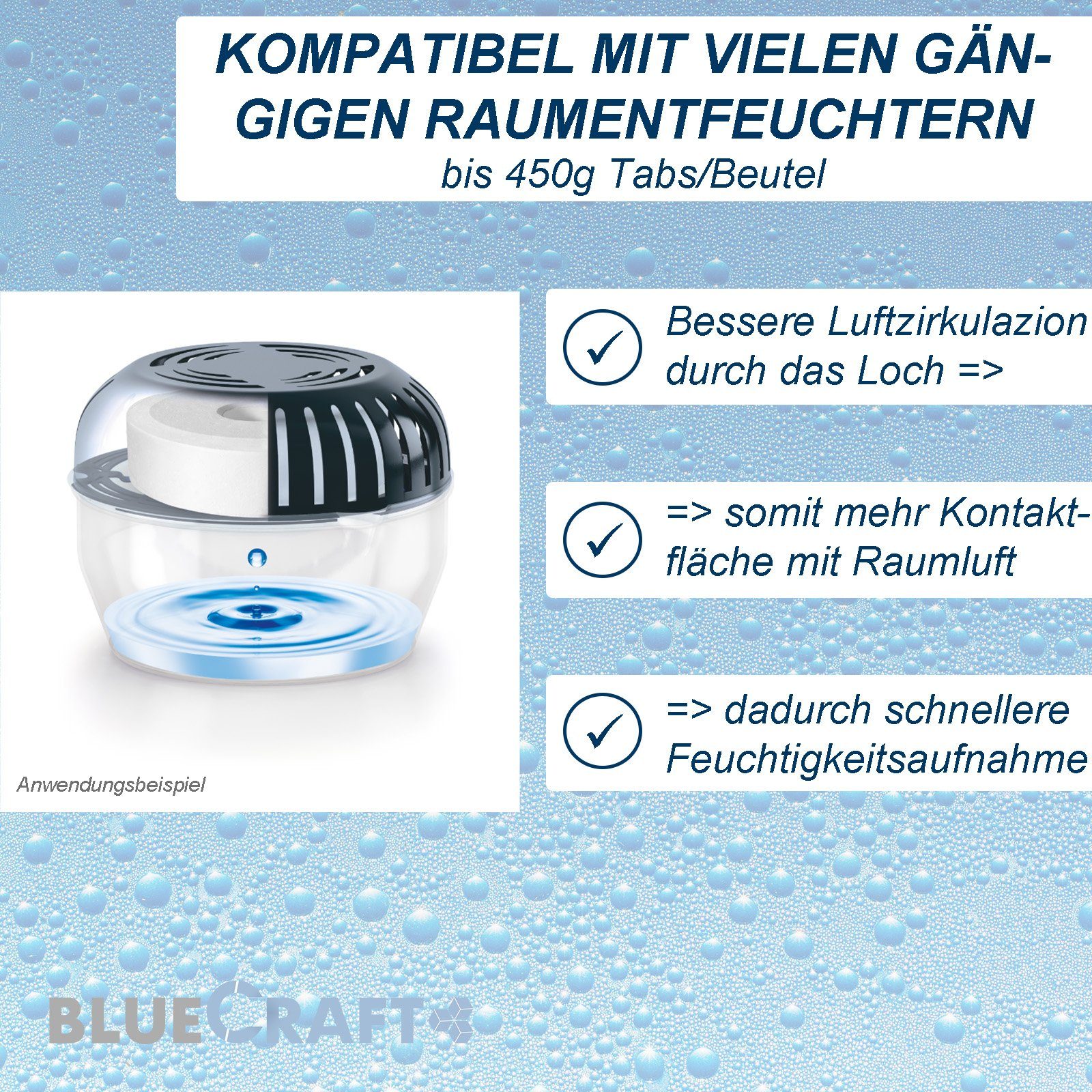 BlueCraft Luftentfeuchter-Nachfüllpack Nachfüller Schlafzimmer Wohnung gegen Schimmel, Entfeuchter Granulat Tabs mit Loch 8x 425g für Raumentfeuchter