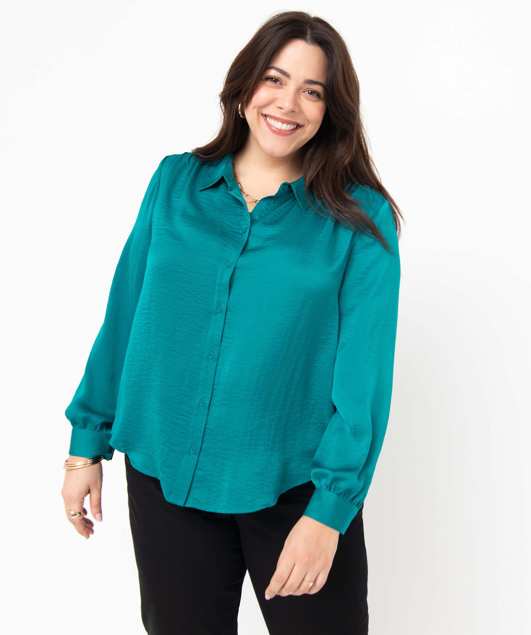 Chemise femme grande taille en matière satinée bleu | GEMO