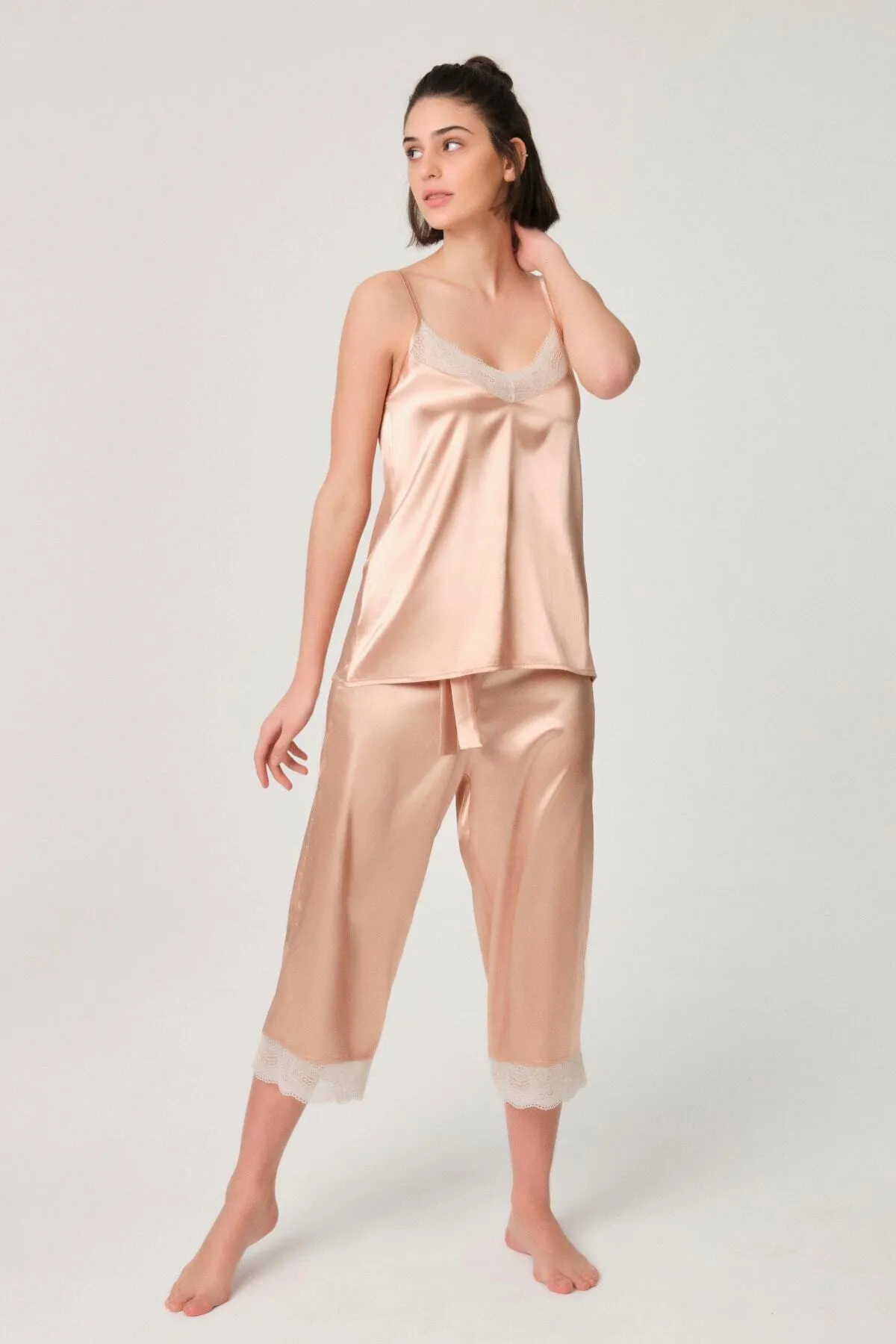 Dagi  Puderfarbenes Trägertop aus Satin für Damen mit Spitzendetail