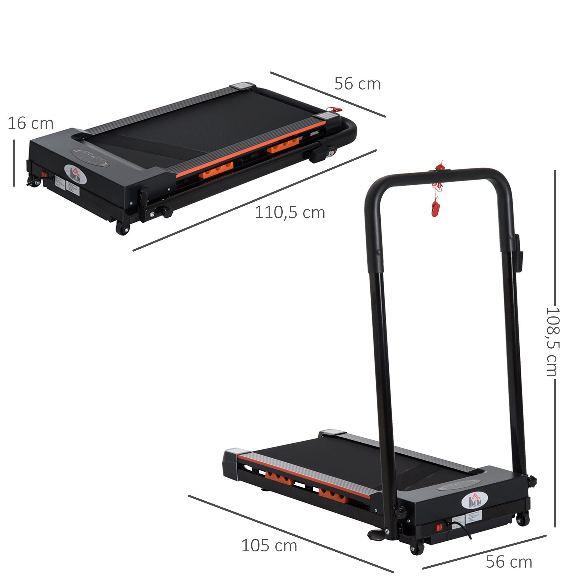 HOMCOM Laufband mit LCD Display, 1-6 Km/h, Stahl, Schwarz (Set, 1-tlg., Faltbares Fitnessgerät), 105L x 56B x 108.5H cm